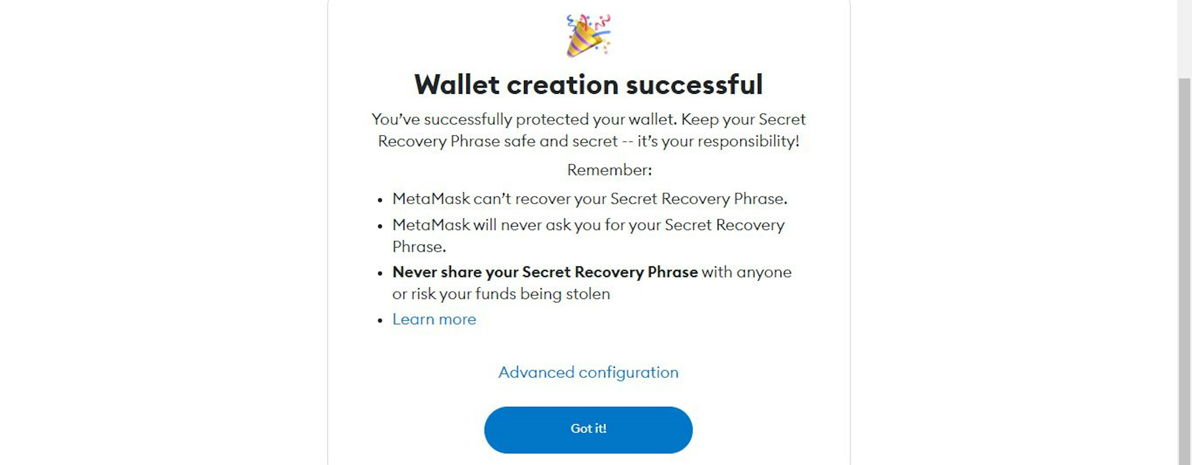 MetaMask cüzdanı başarıyla içe aktarıldı.