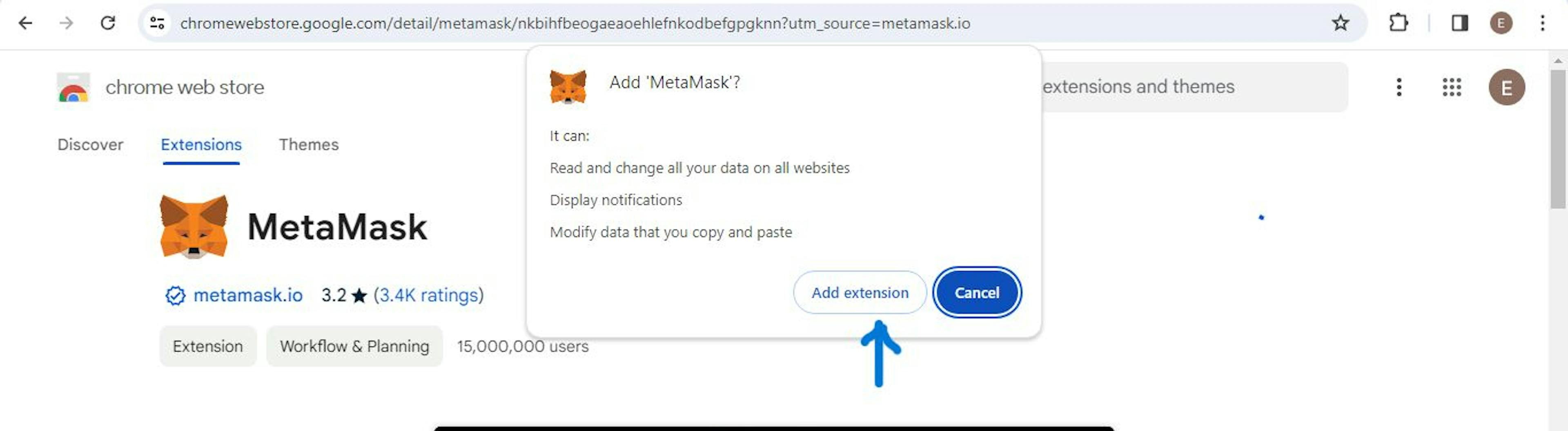 Chrome 브라우저에 MetaMask 확장 프로그램을 추가하는 방법을 보여주는 이미지.