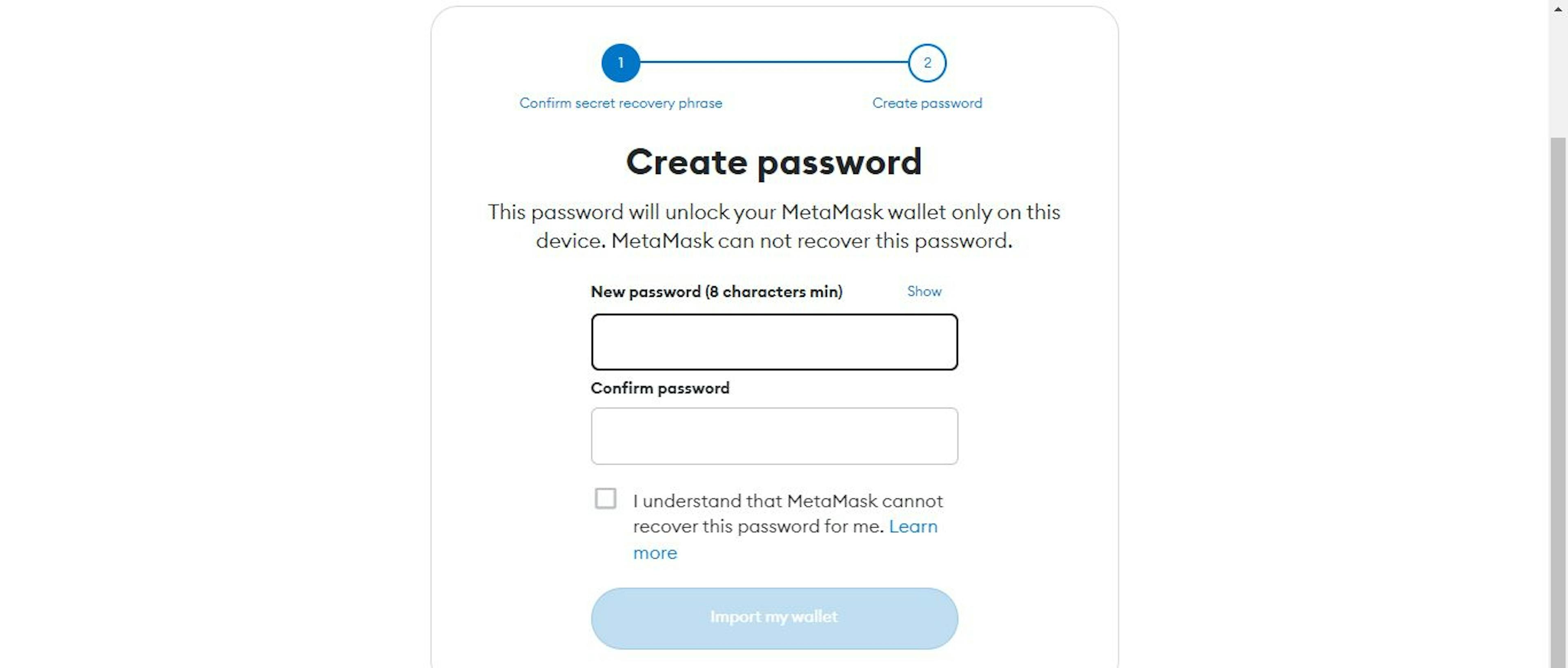 MetaMask cüzdanı için şifre oluşturun.