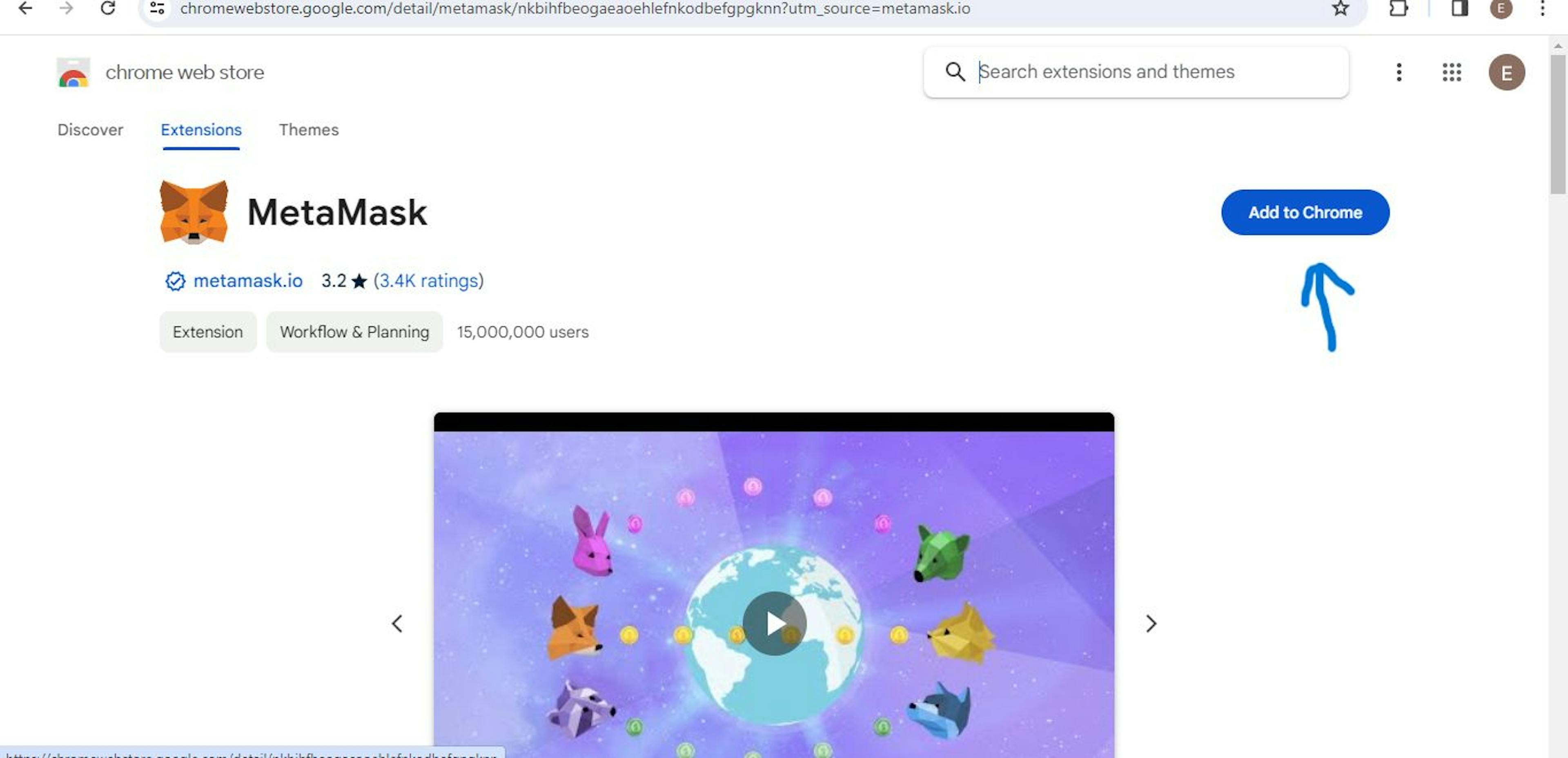 Imagem mostrando como adicionar MetaMask ao Chrome.