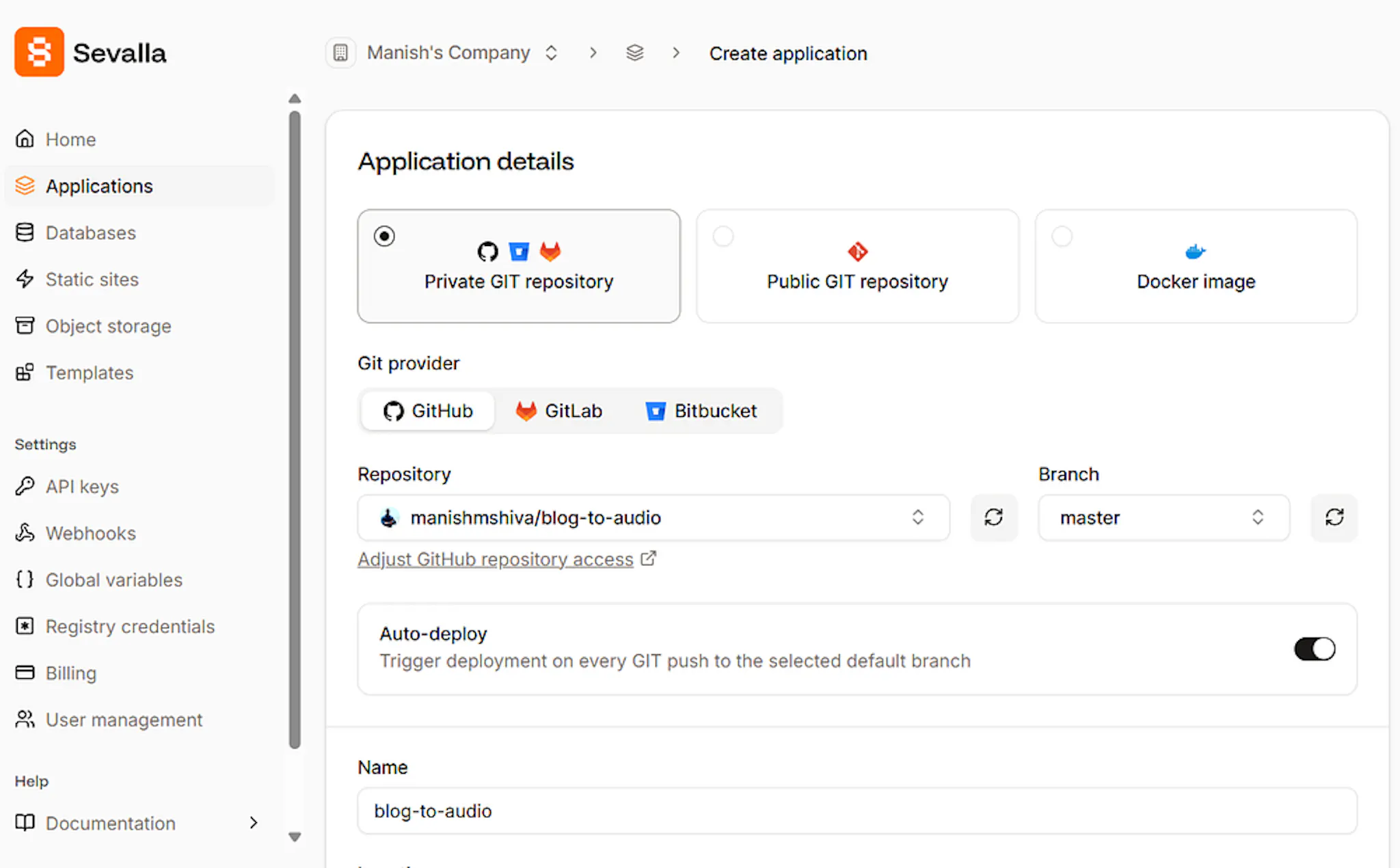 Sevalla Create Application