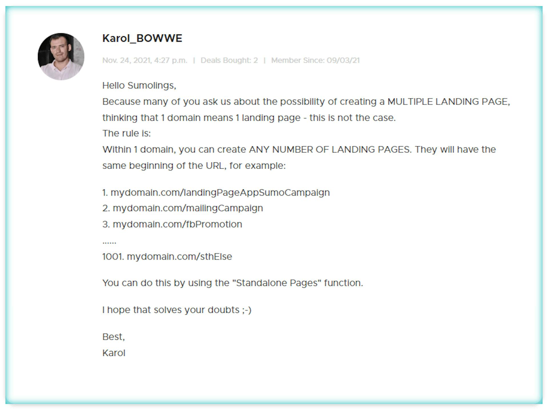 Karol’ message to Sumo-lings regarding the creation of an unlimited Landing page