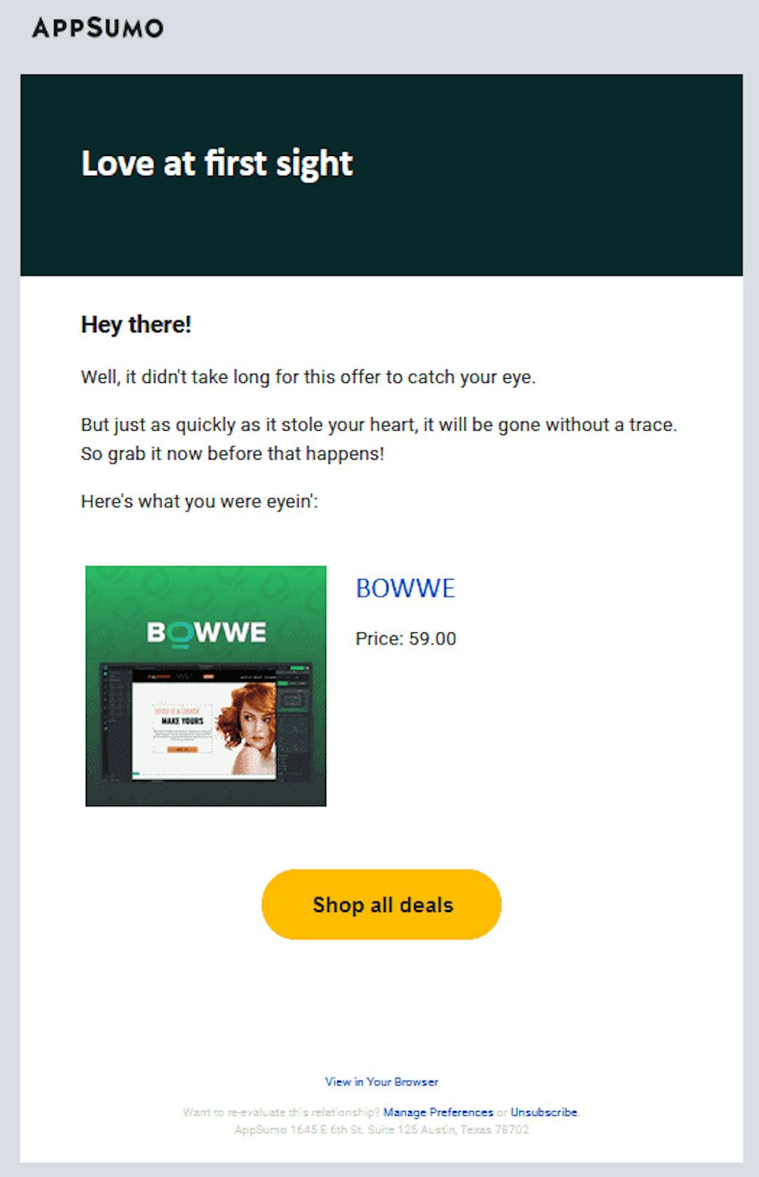 Newsletter from AppSumo reminding users about the end of the BOWWE campaign