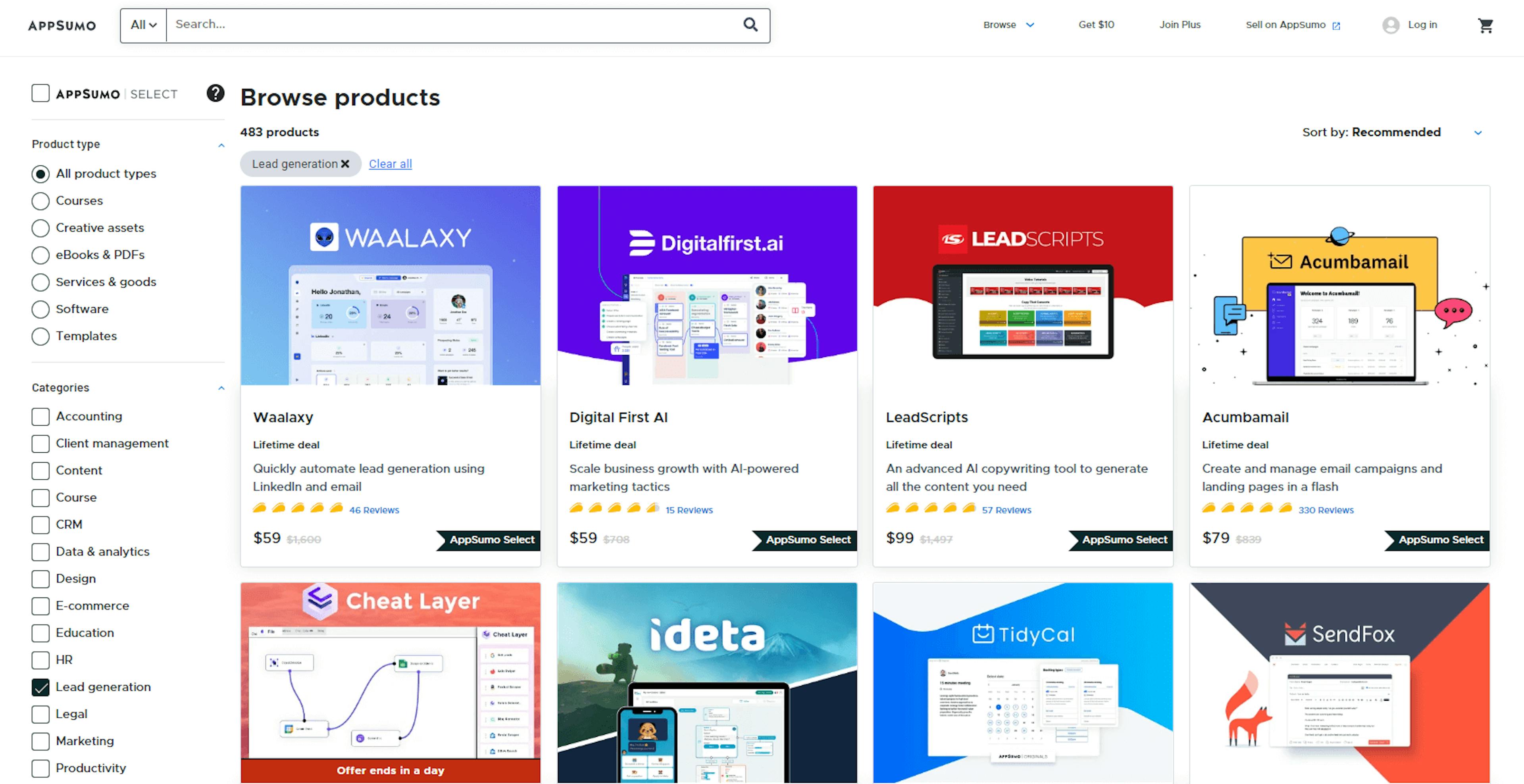 Search results in the “Lead generation: category on AppSumo