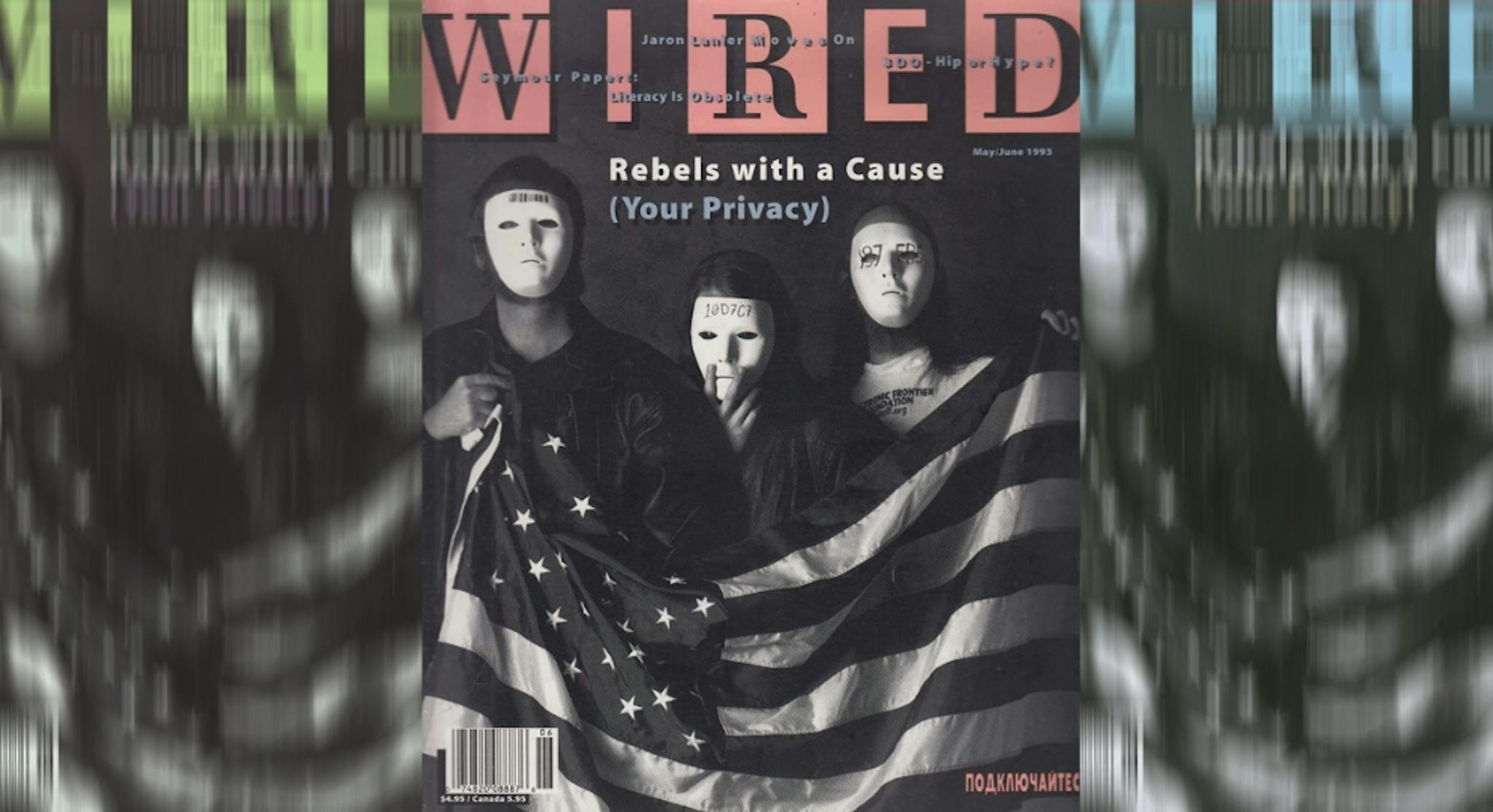 Hughes, Gilmore, and May were the masked individuals in the cover of Wired, Feb 1993. Image by CryptoArtCulture