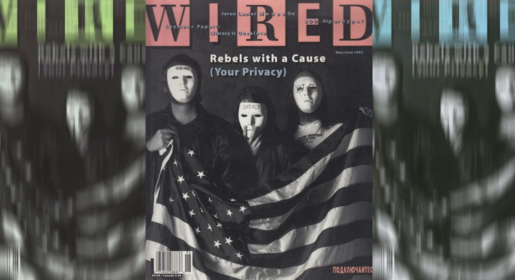 Hughes, Gilmore e May foram os mascarados na capa da Wired, fevereiro de 1993. Imagem de CryptoArtCulture