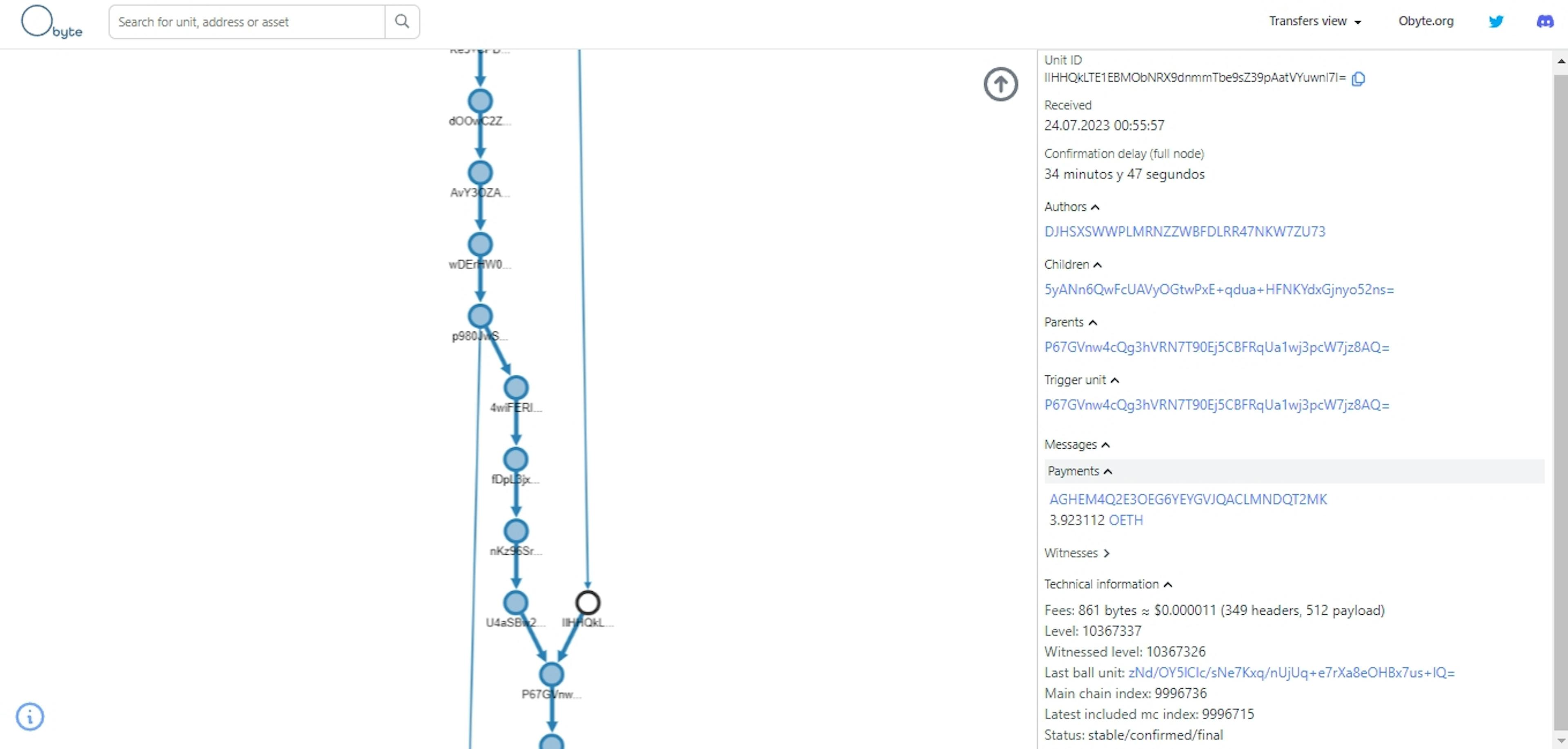 Dans Obyte DAG Explorer, toutes les transactions avec des actifs publics peuvent être vues par n'importe qui