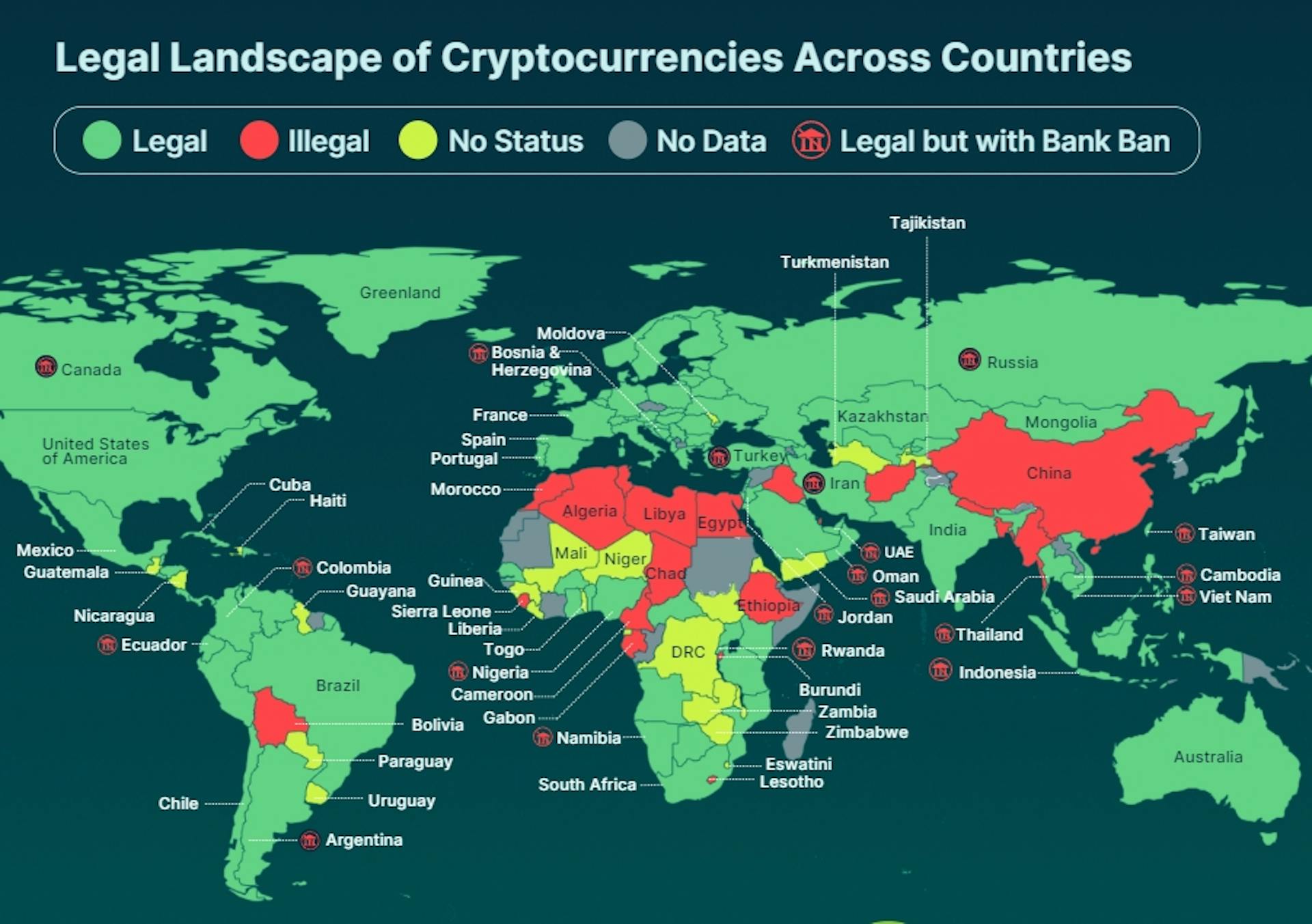 Mapa del panorama legal de las criptomonedas por CoinGecko