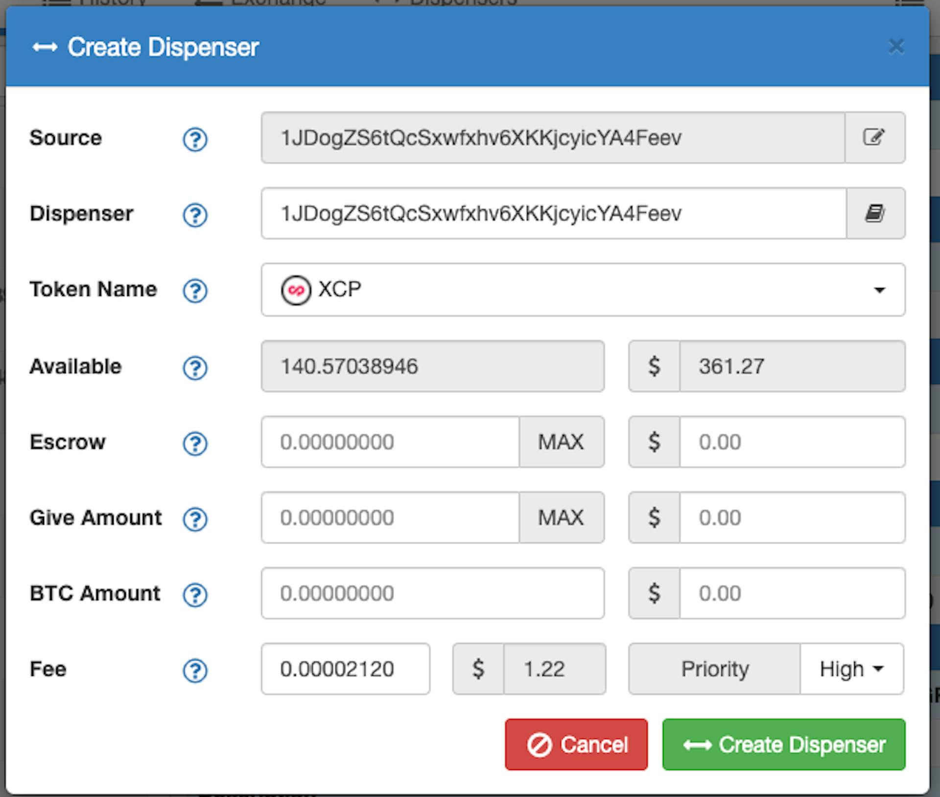 Processo para criar um dispensador de contraparte através do Freewallet, no fórum da contraparte