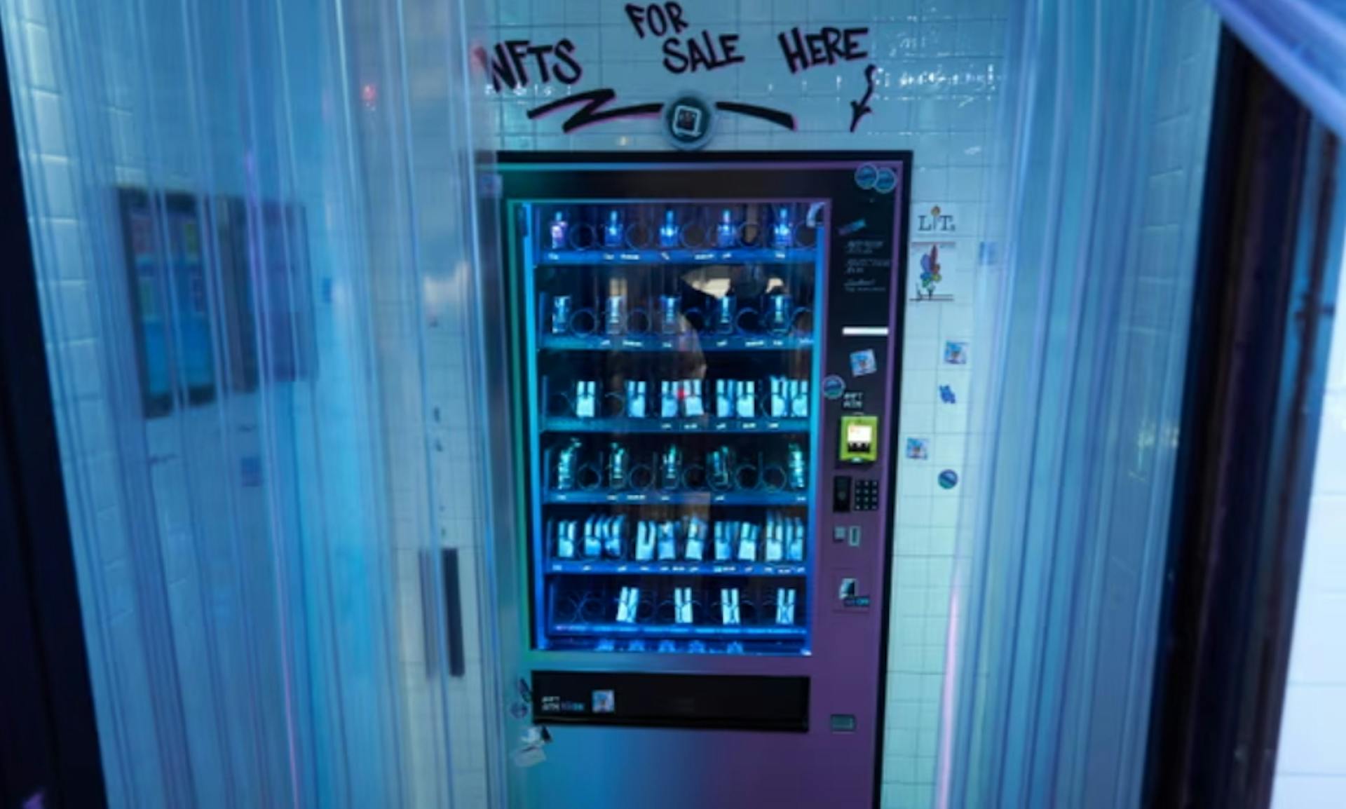 Neon NFT vending machine in NY. Image by Wilfred Chan, The Guardian
