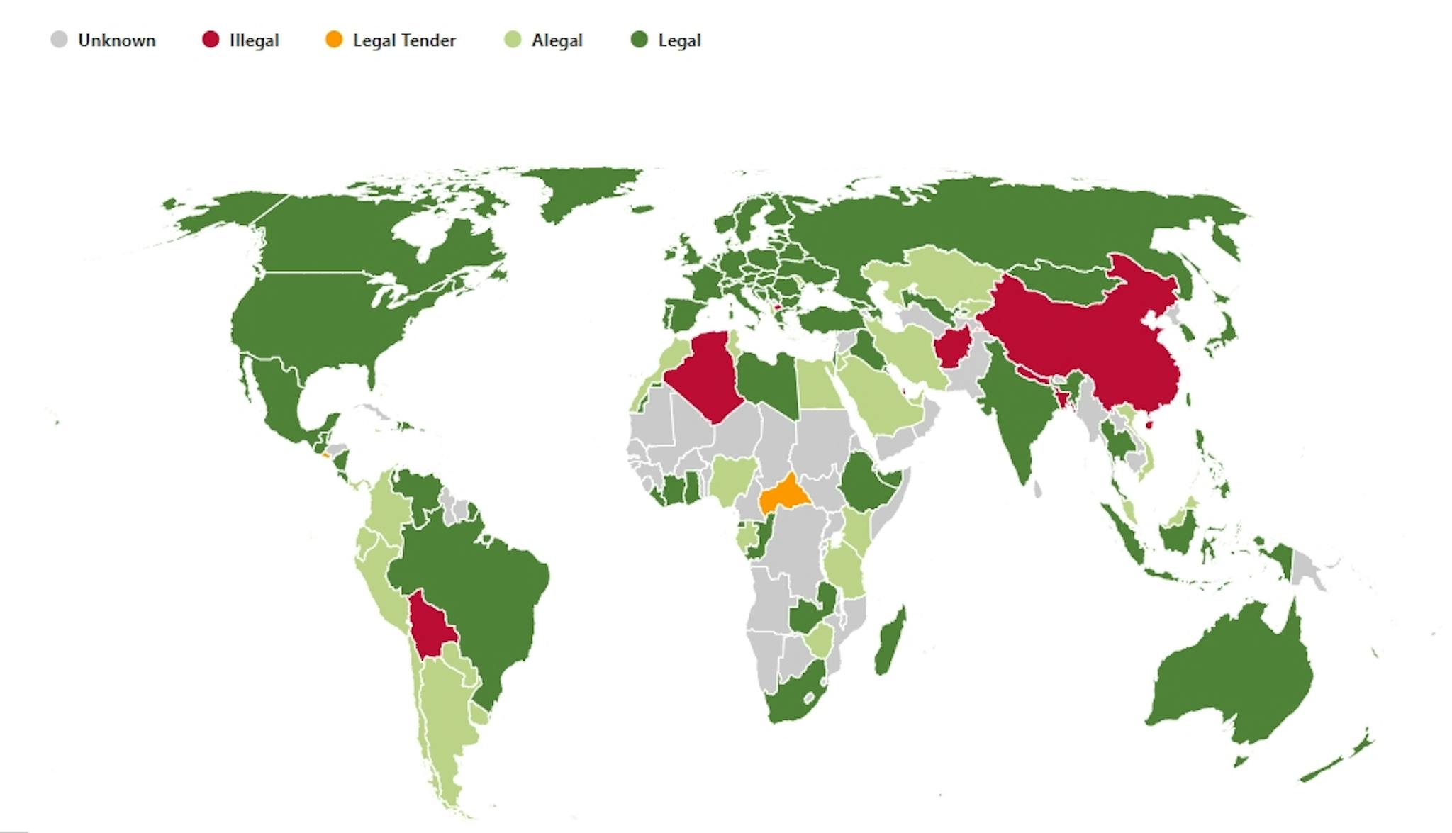 Legality of Bitcoin and cryptos by country. Map by NewHedge