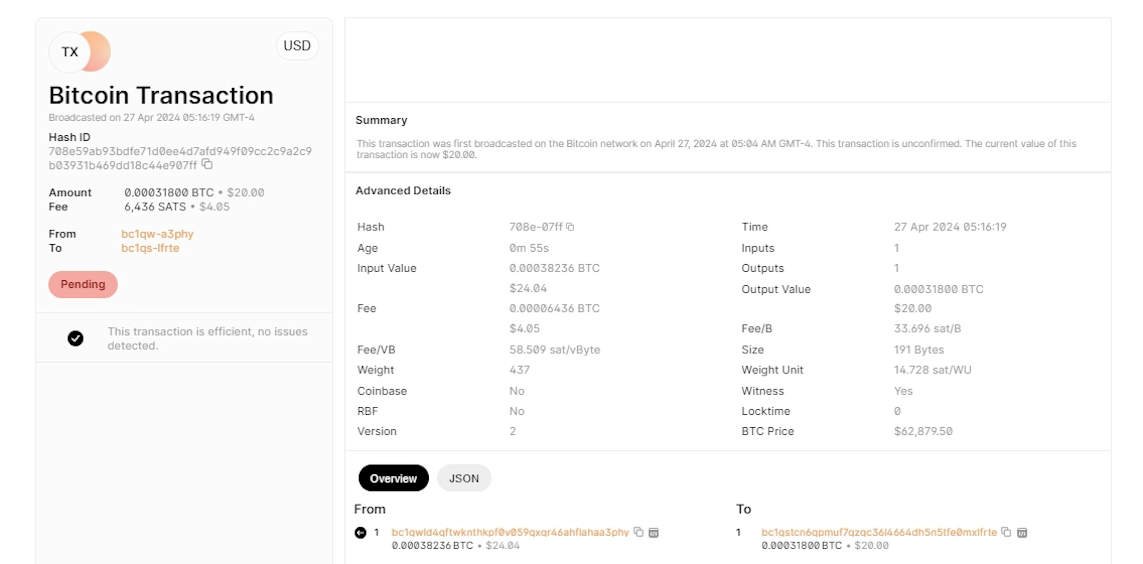 Detalles de la transacción de Bitcoin en un explorador público de blockchain