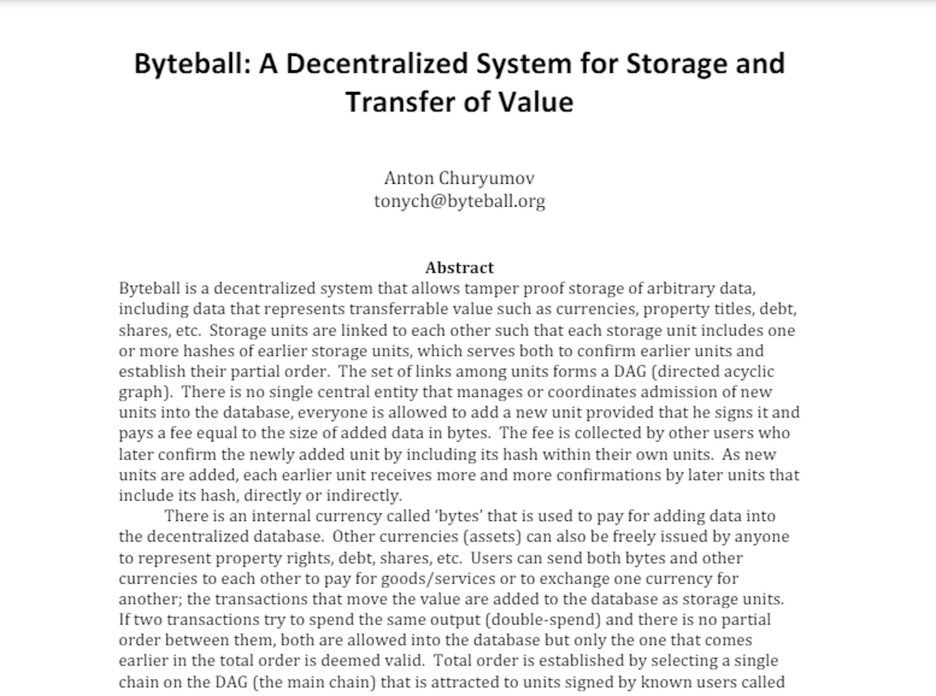 Resumen del documento técnico de Obyte (anteriormente Byteball). Un documento técnico legítimo a menudo comienza con un resumen, sin colores llamativos ni promesas.