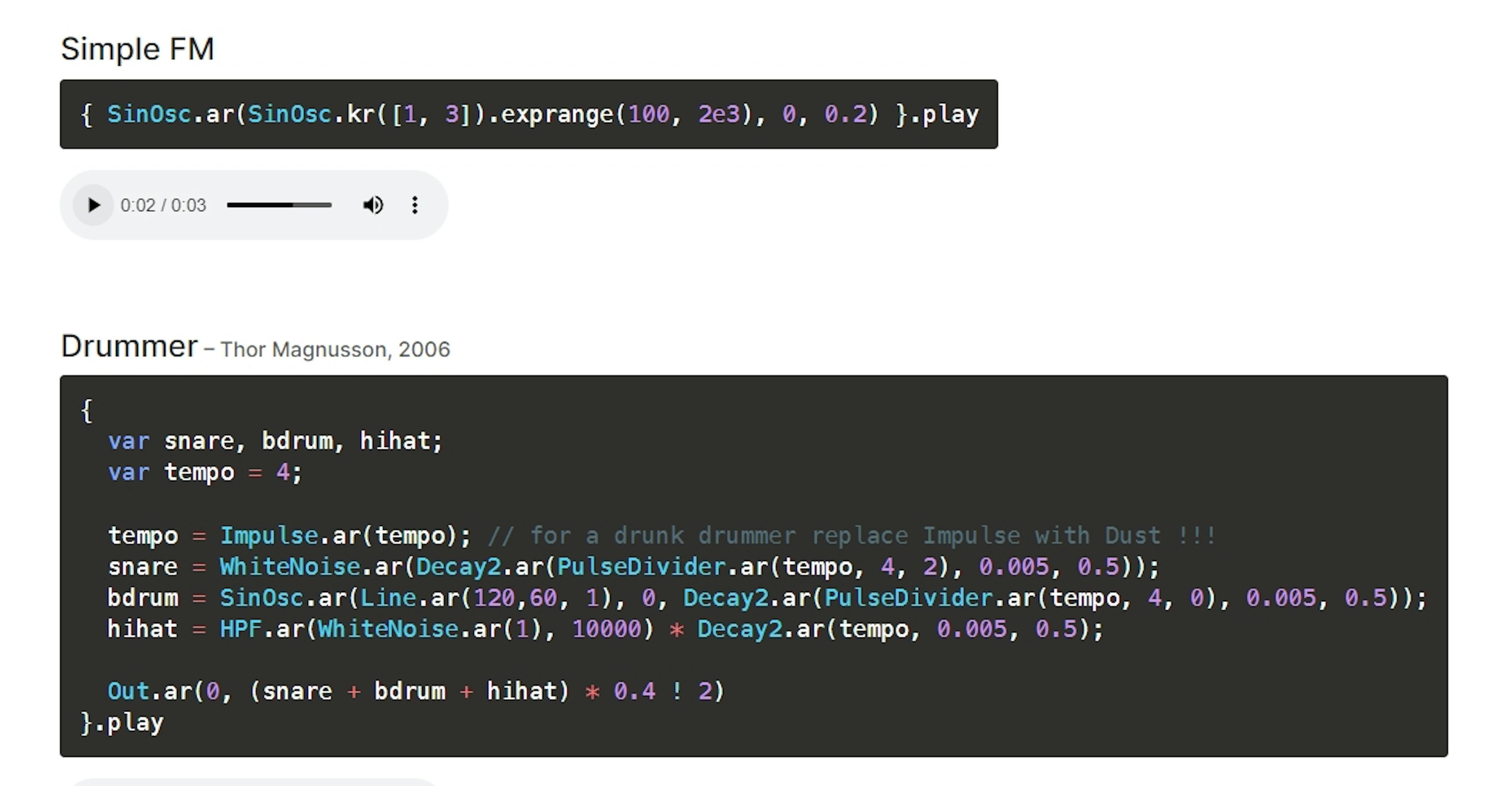 SuperCollider에서 사용 가능한 몇 가지 예