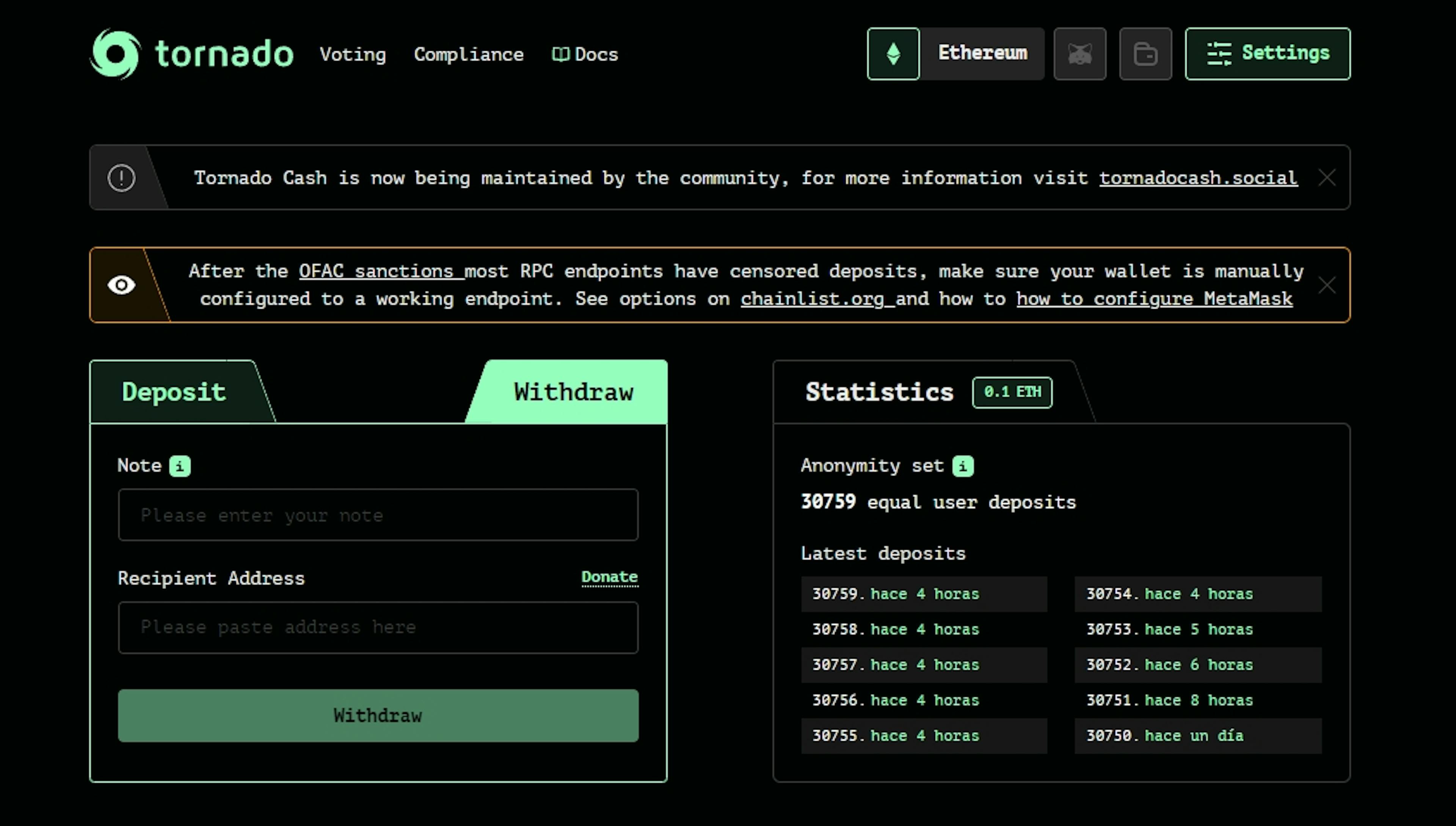 Tornado Cash IPFS website