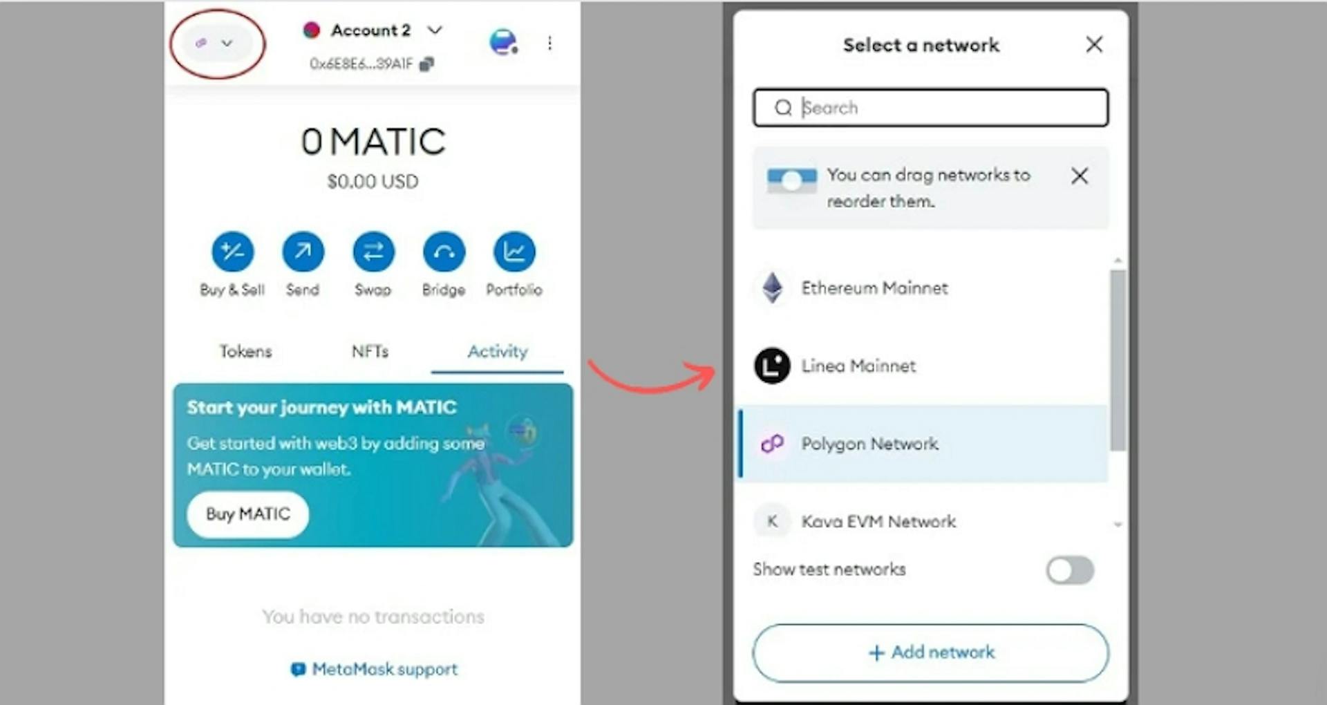 Selecting a Network on the MetaMask Wallet