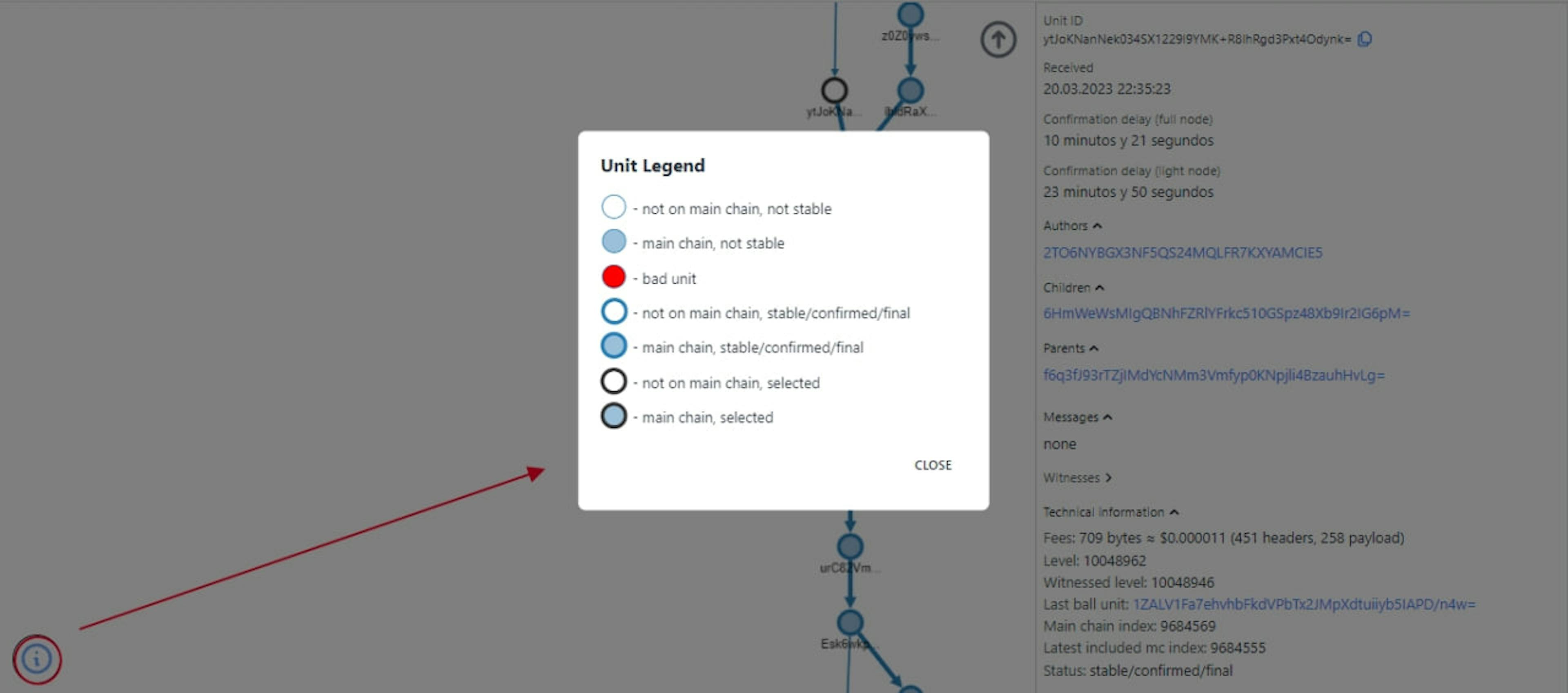 Leyenda de la unidad Obyte Explorer (transacción) con estado de la transacción