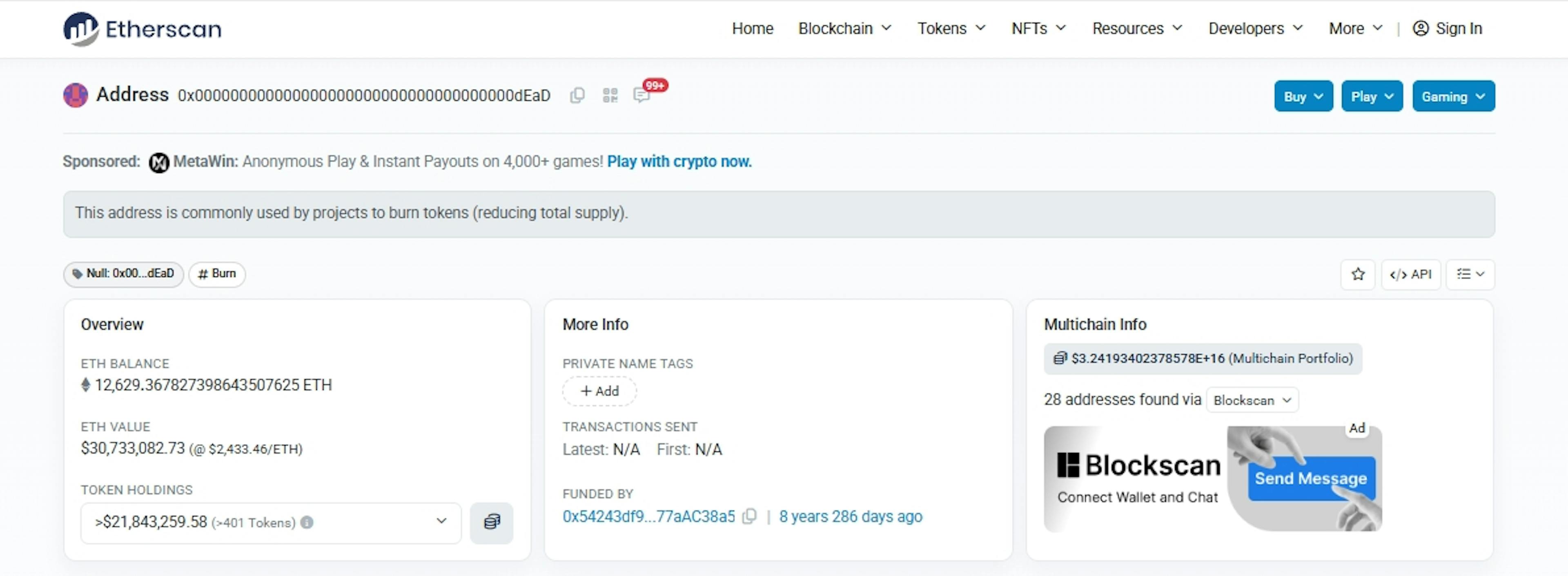 "Dead" address on Ethereum, intended to burn tokens