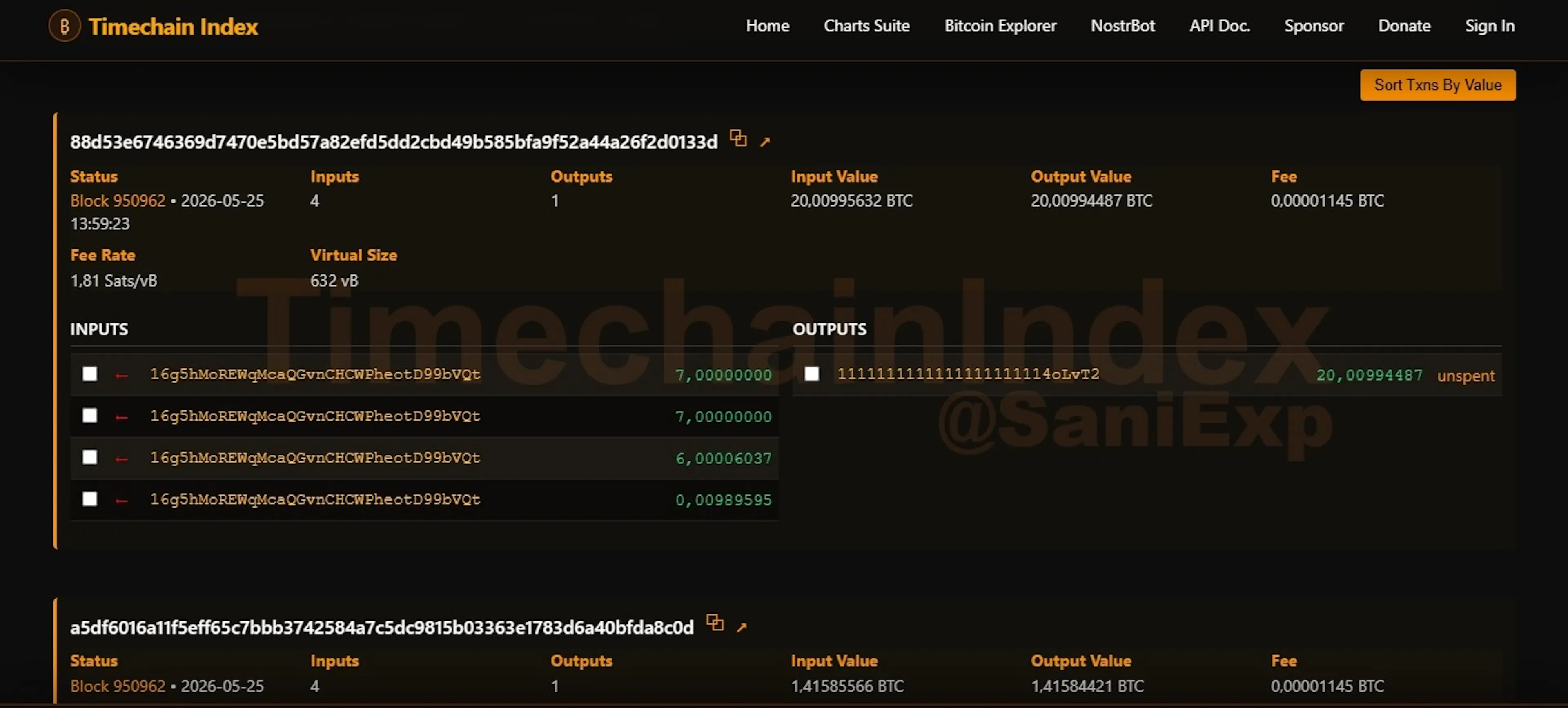 Burned BTC on Timechain Index