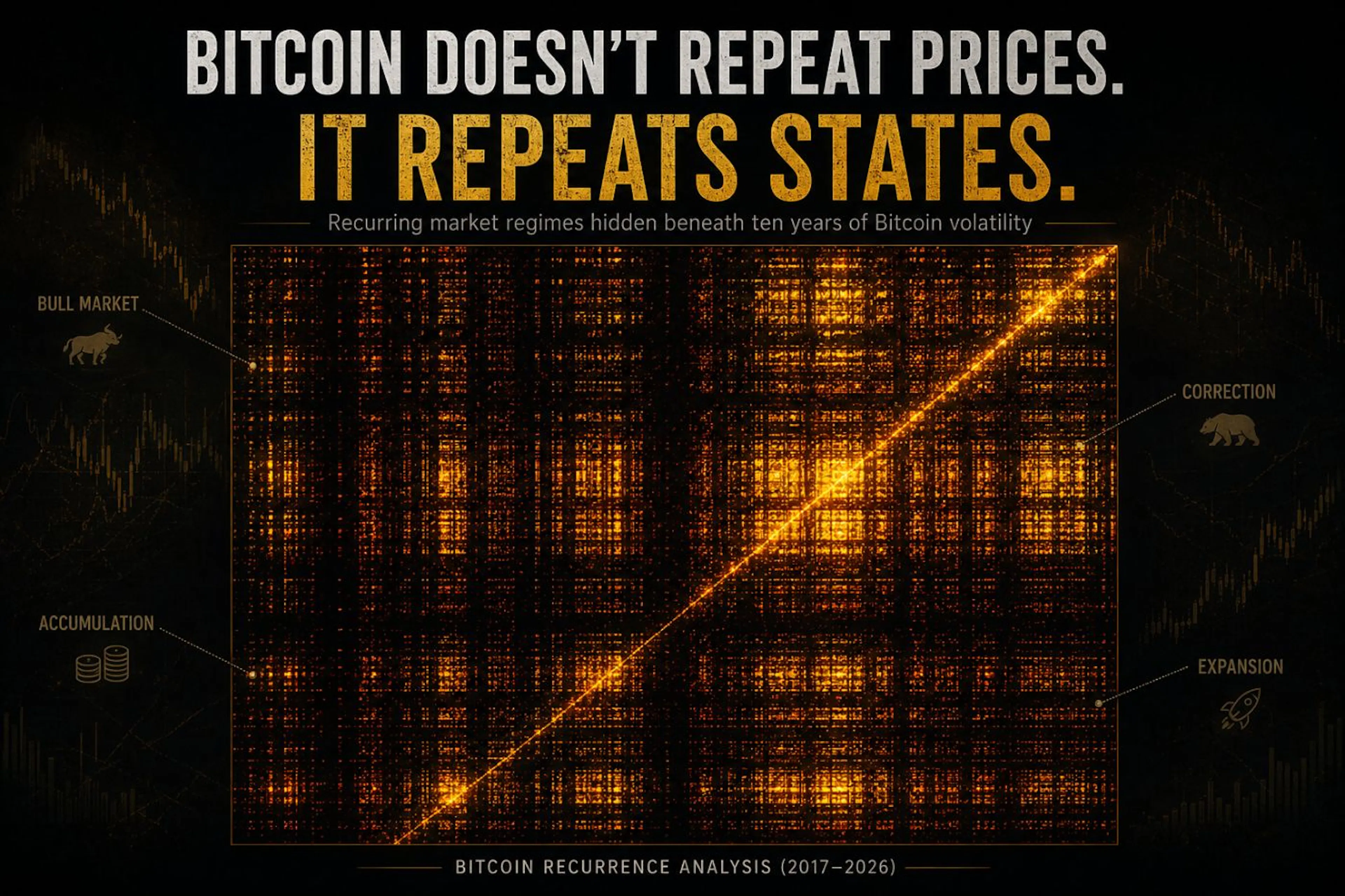 Figure 3 — A recurrence plot of Bitcoin's embedded return dynamics (2017–2026). Bright clusters indicate periods where themarket revisited similar dynamic regimes despite occurring at different times, prices, and news environments.