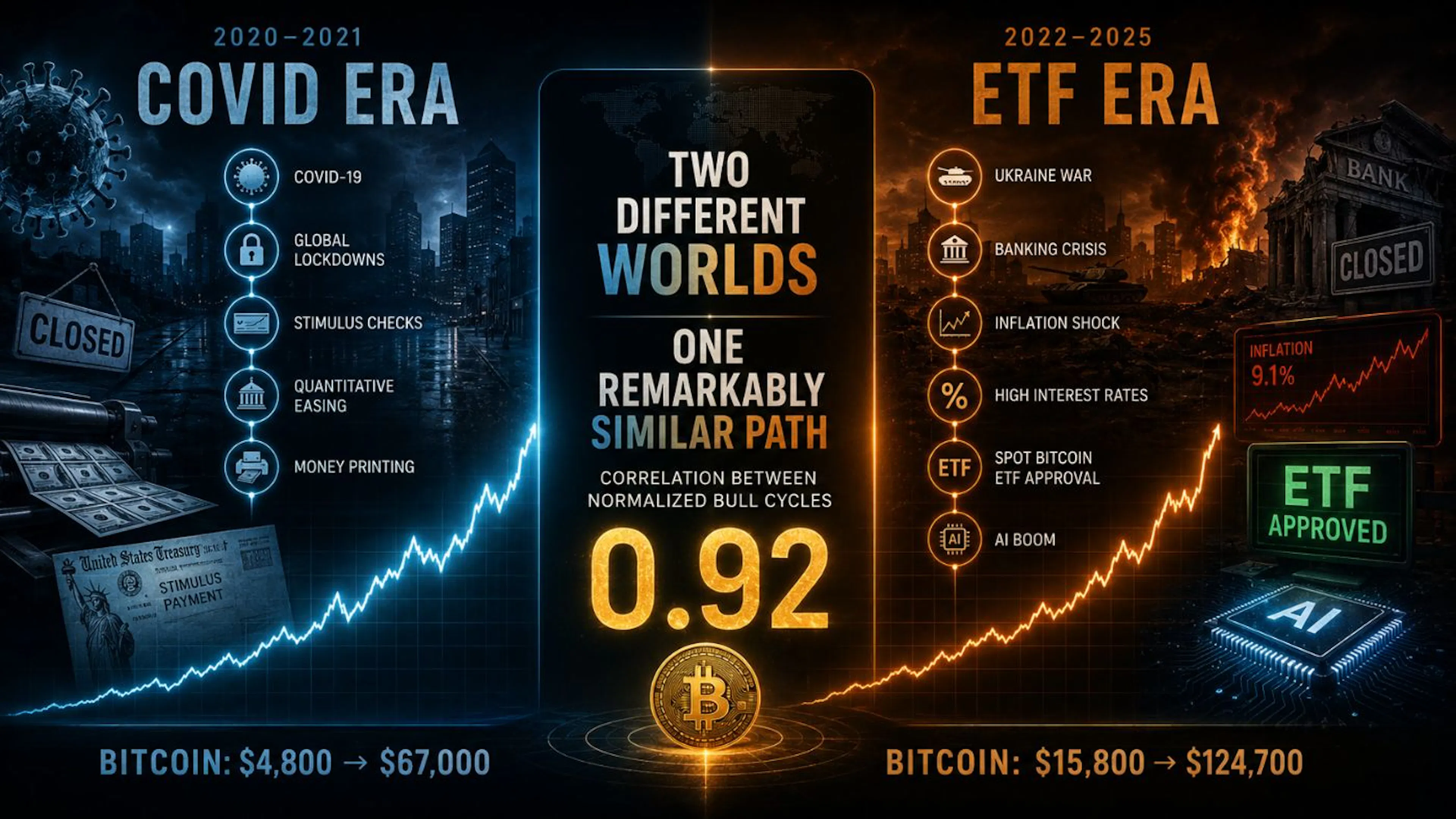 Figure 1 — Two Different Worlds. The first cycle developed during COVID-era stimulus and quantitative easing; the secondunfolded amid wars, inflation shocks, banking crises, and Bitcoin ETF approvals.