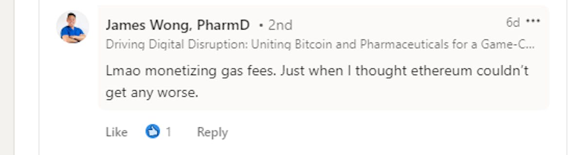 A crypto enthusiast dissatisfied with waiving gas fees for ads on Ethereum