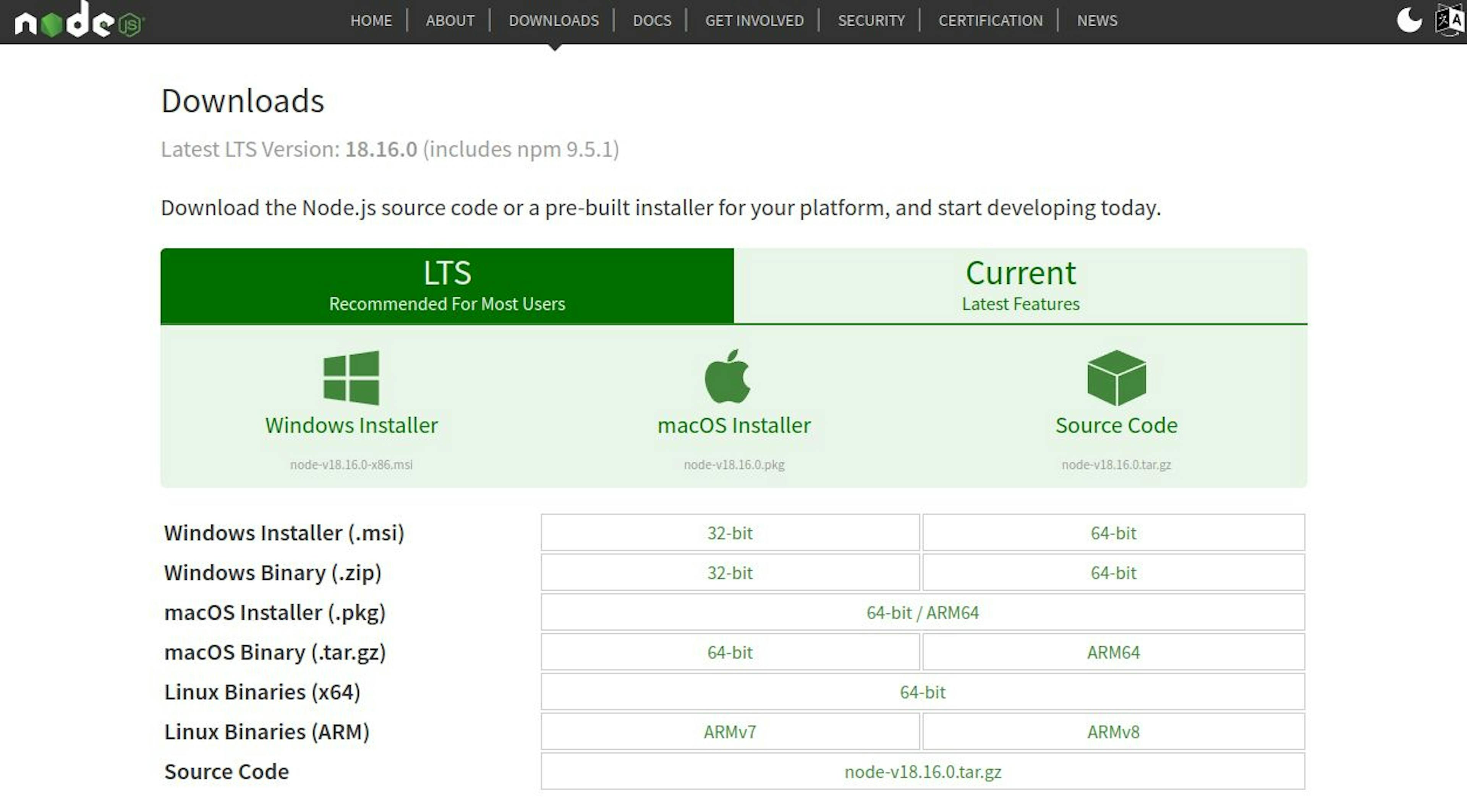 Node.js download page