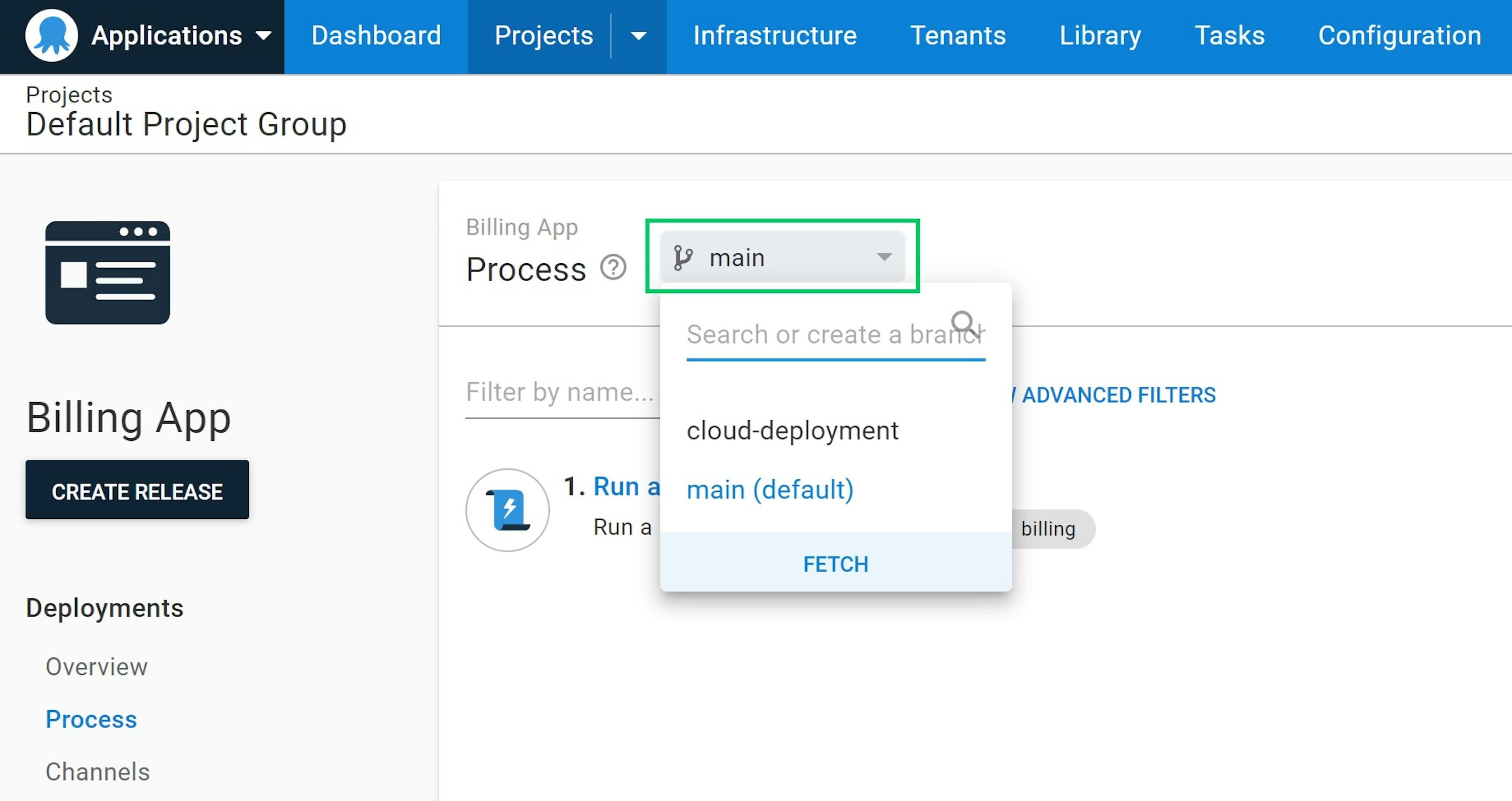 The branch switcher in Octopus Deploy