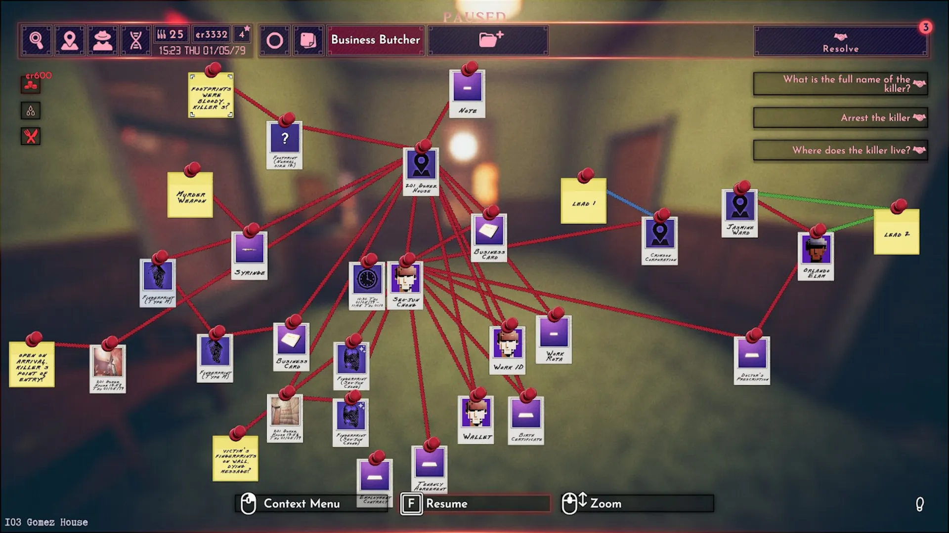 An investigation board with some personal notes and observations.