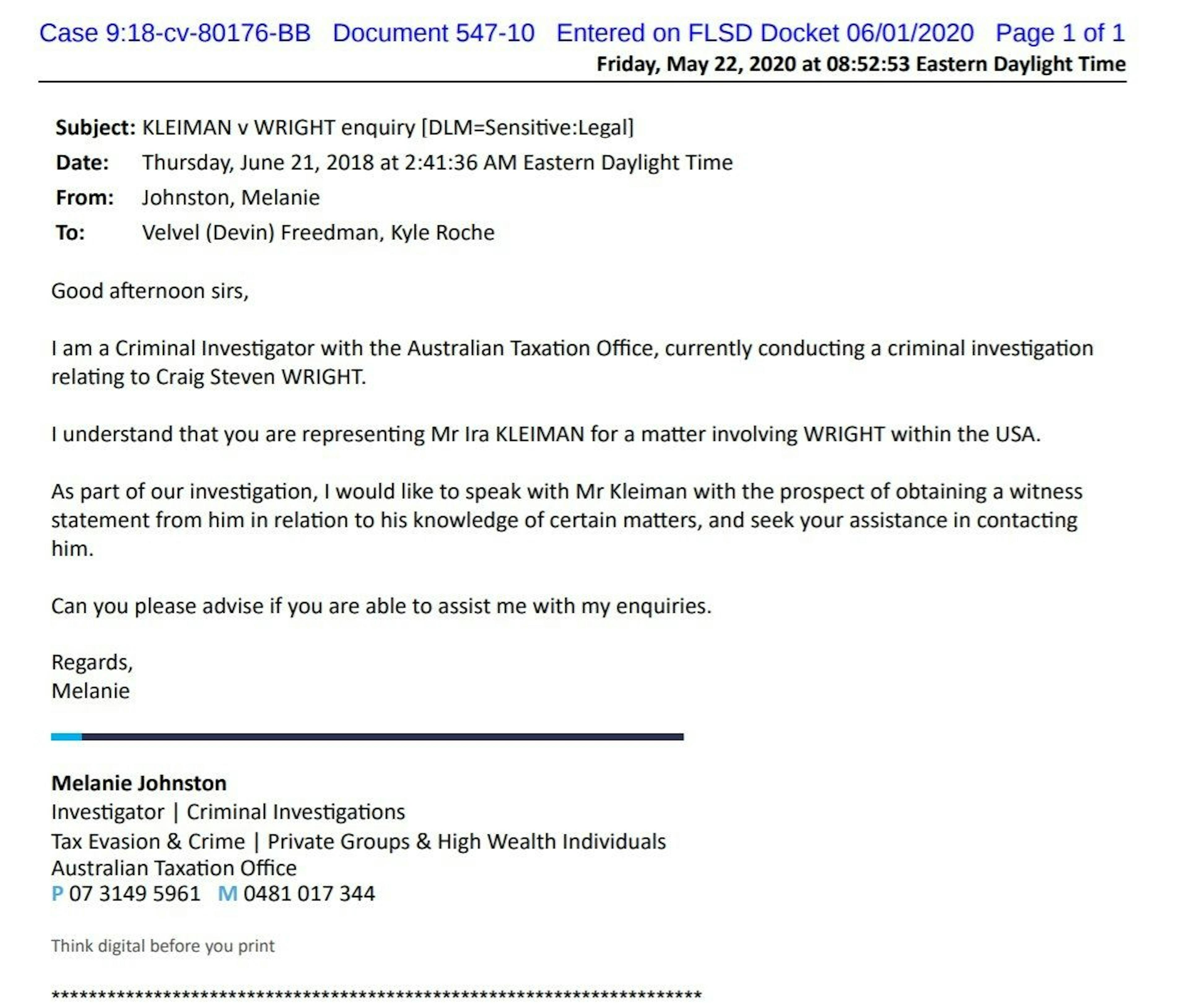 Craig Wright fait l'objet d'une enquête criminelle de l'ATO. Source : CourtListener.