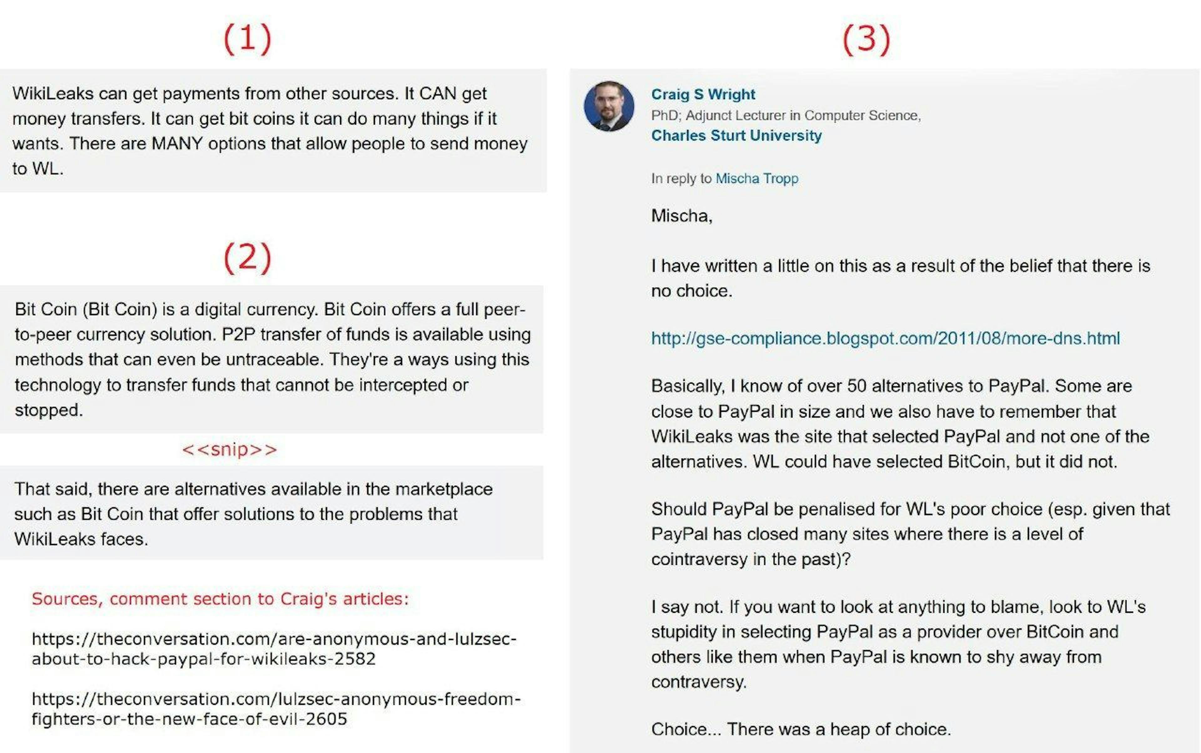 Maquette de tous les commentaires publics que Craig a faits sur Bitcoin en 2011.