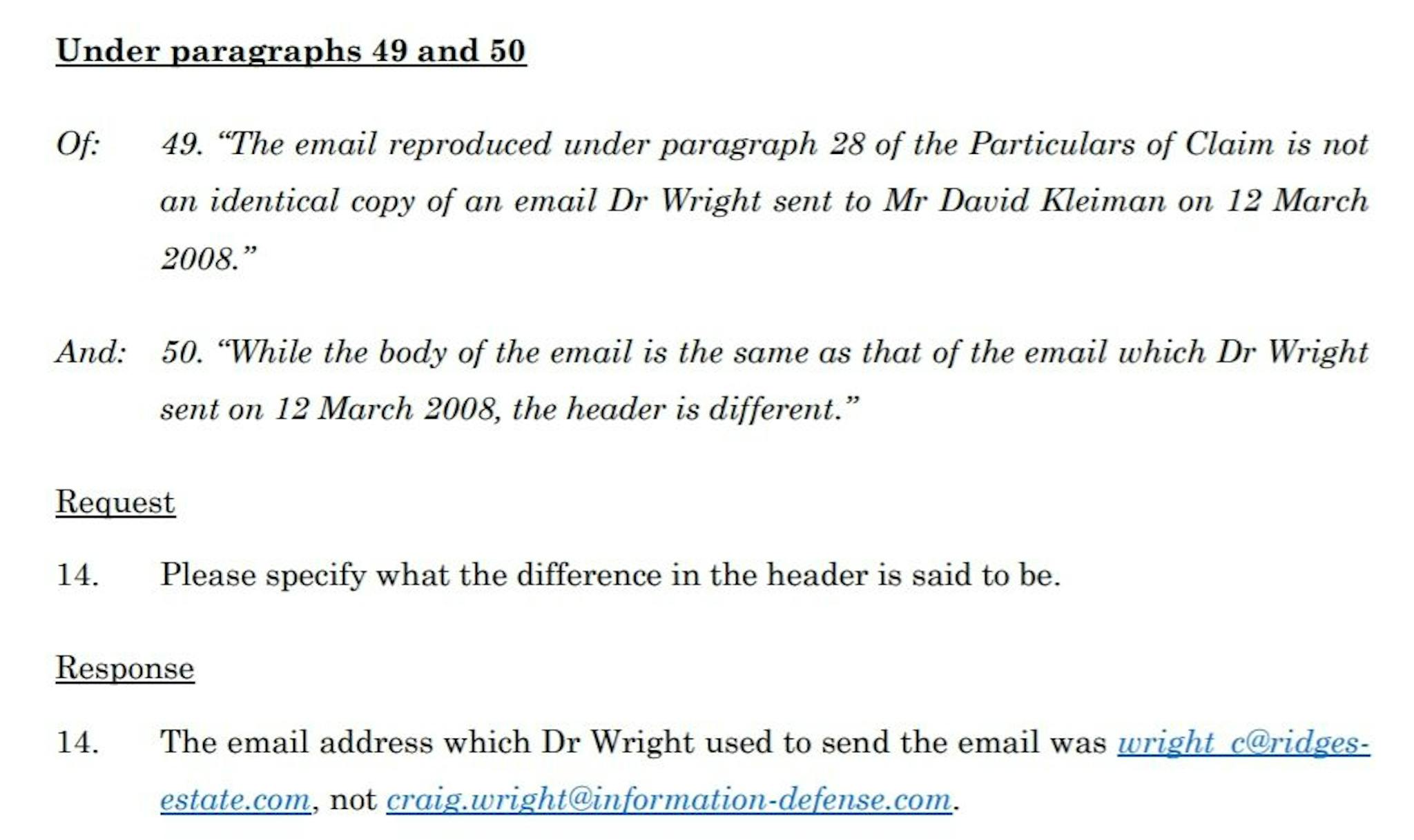 In a September 2021 COPA filing we find Craig Wright claiming the email was sent from ridges-estate.com
