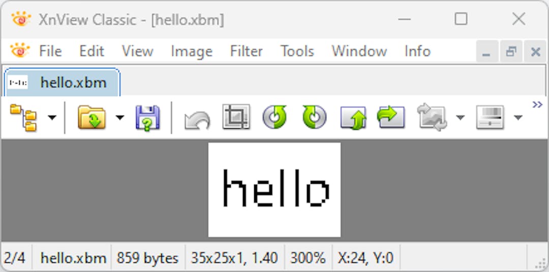 hello Xbm image shown in XnView