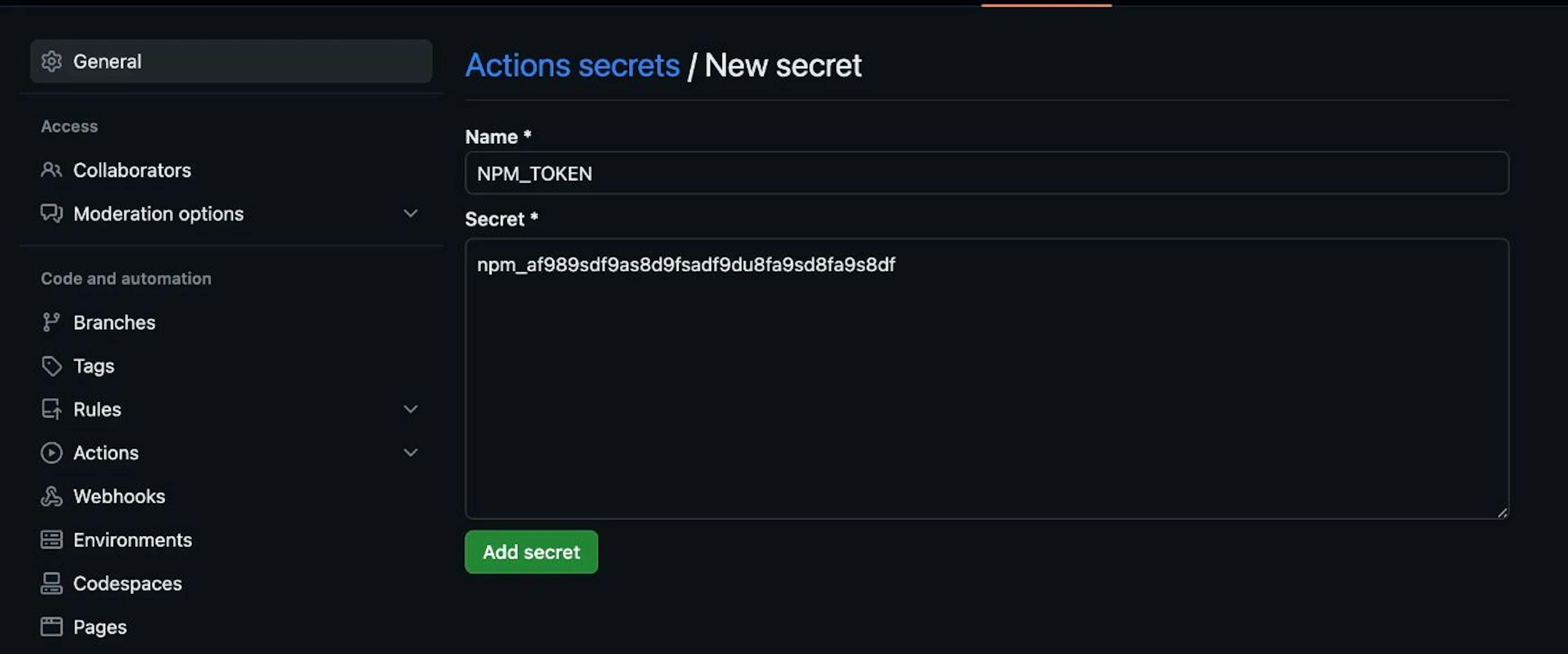 NPM Token on GitHub repository secrets