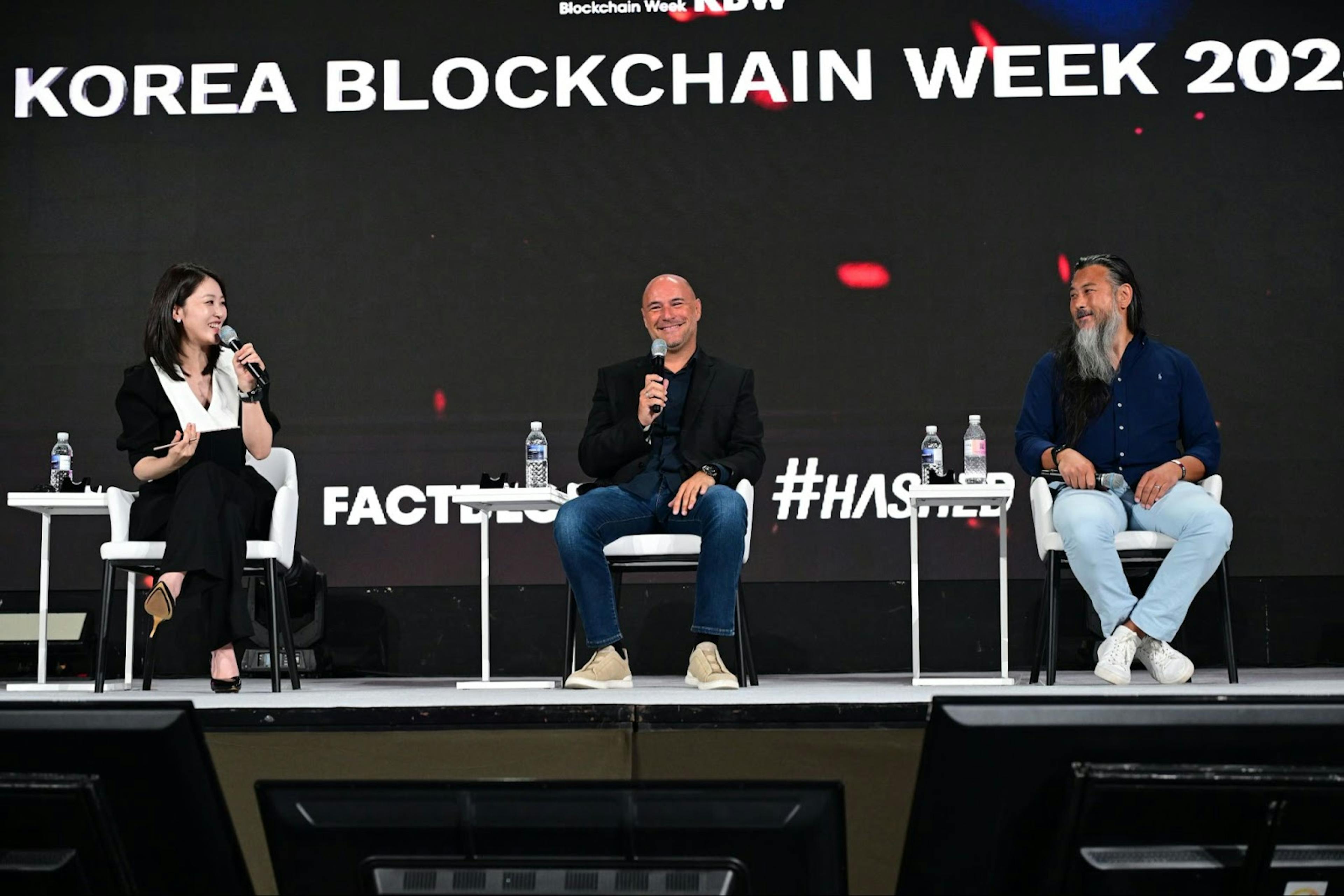 A Young Shin, Panel Moderator, Alexandre Dreyfus, CEO of Chiliz, and Pär Helgosson, Head of Web3 and Metaverse at Paris Saint-Germain as part of a panel on day 1 of Korea Blockchain Week. Image courtesy of X.