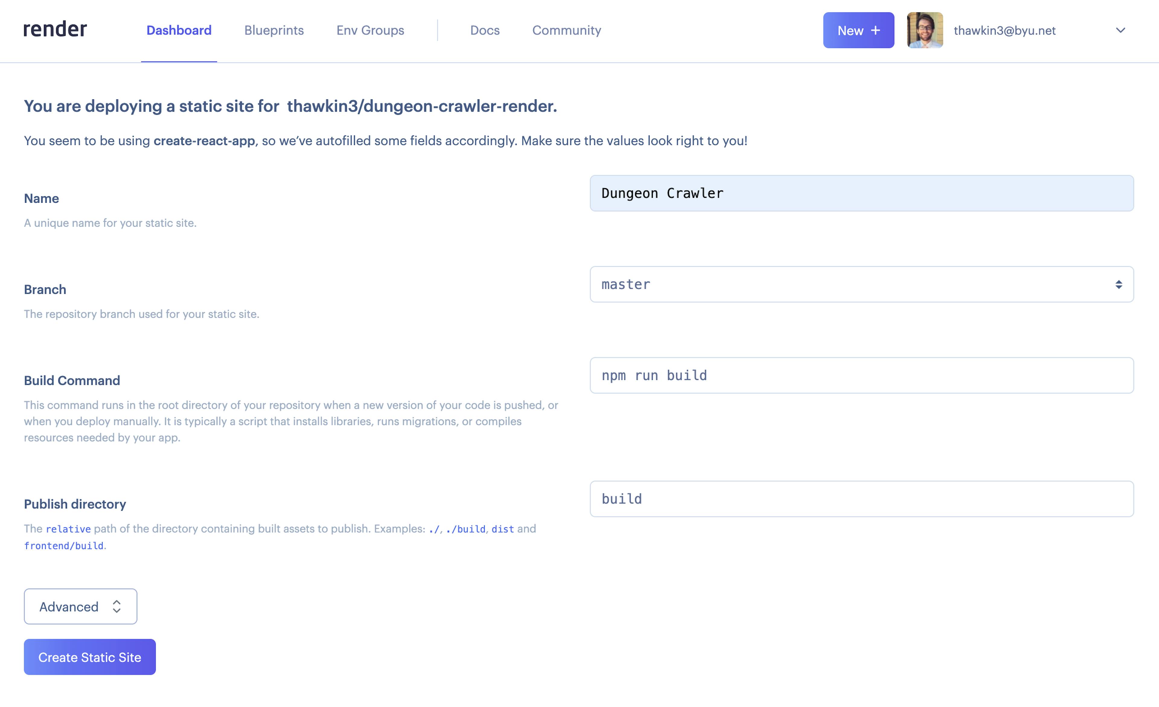 Static site configuration details