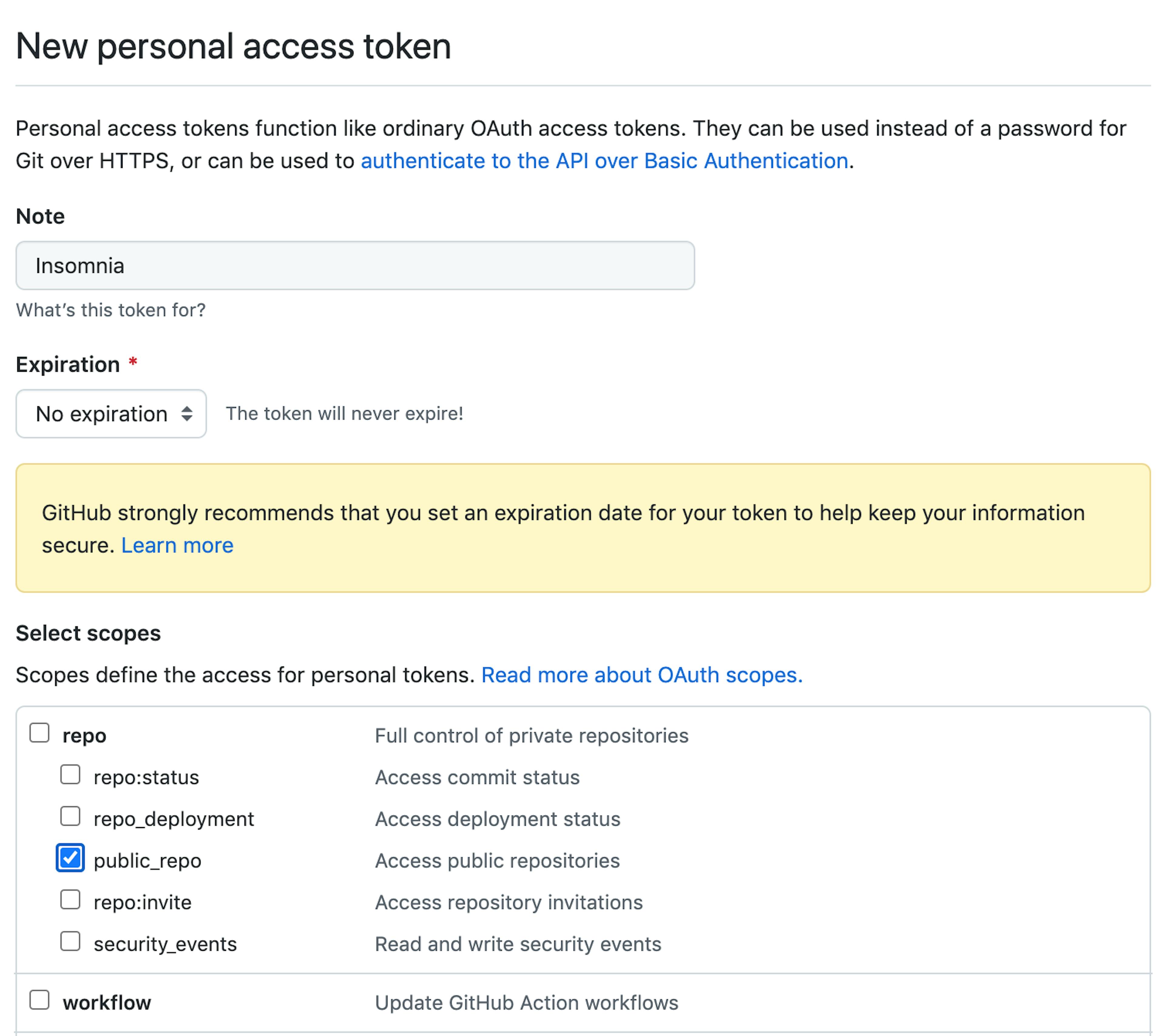 Creating a personal access token in GitHub