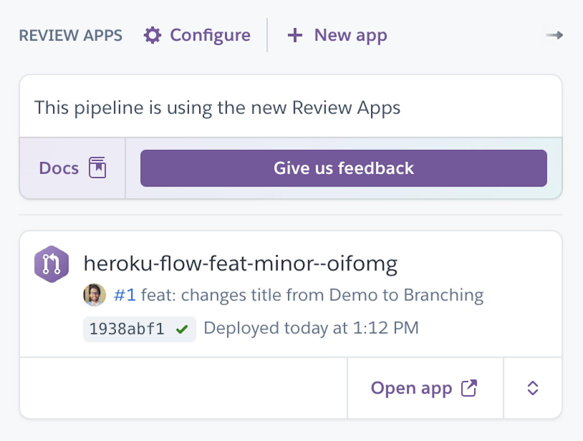 Review app found in the Heroku pipeline