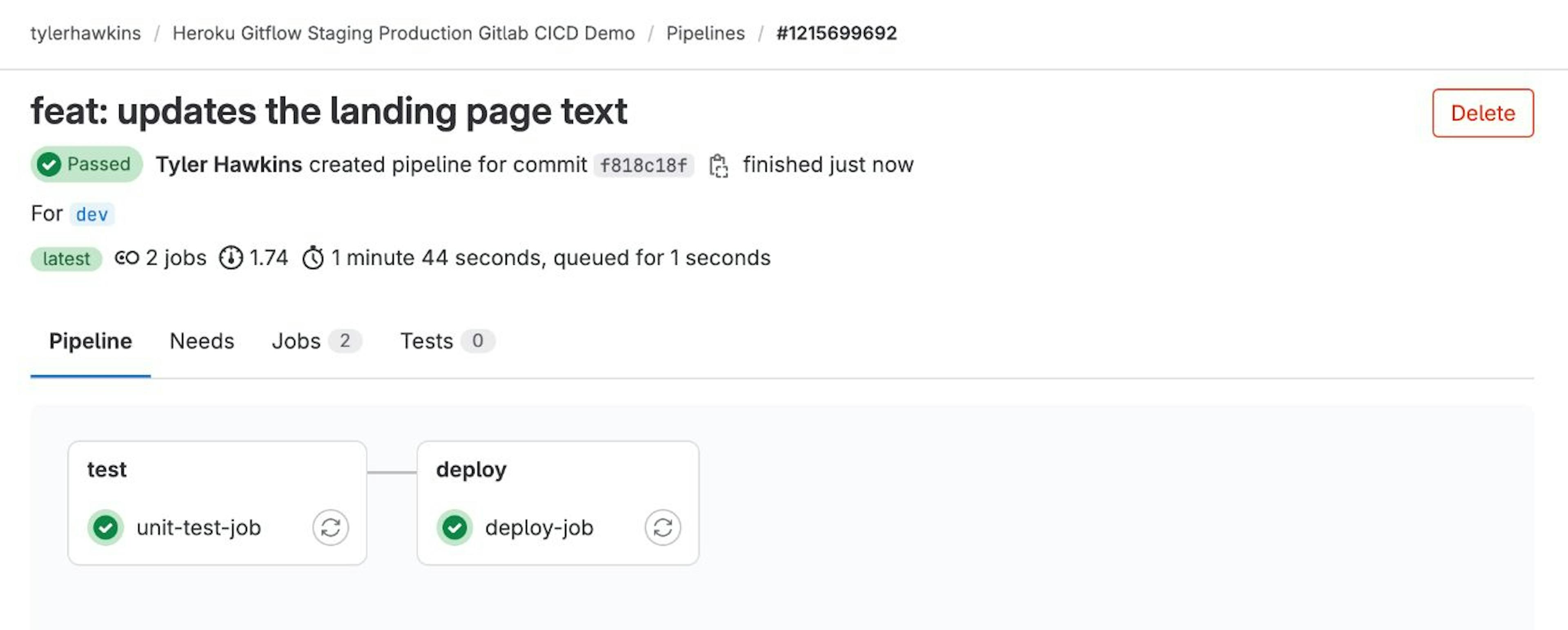 GitLab CI pipeline build for the dev branch