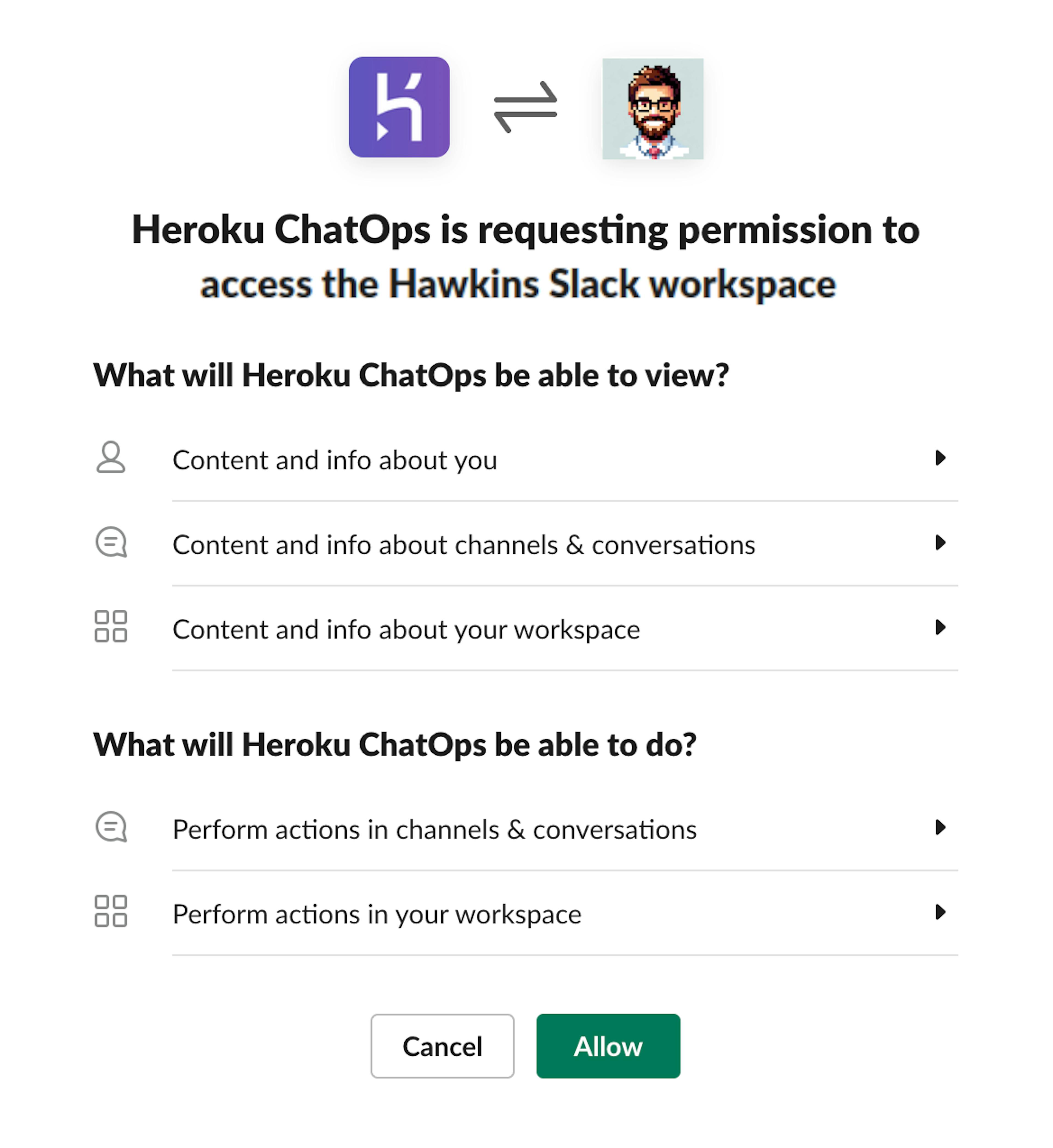 Grant Heroku ChatOps access to your Slack workspace