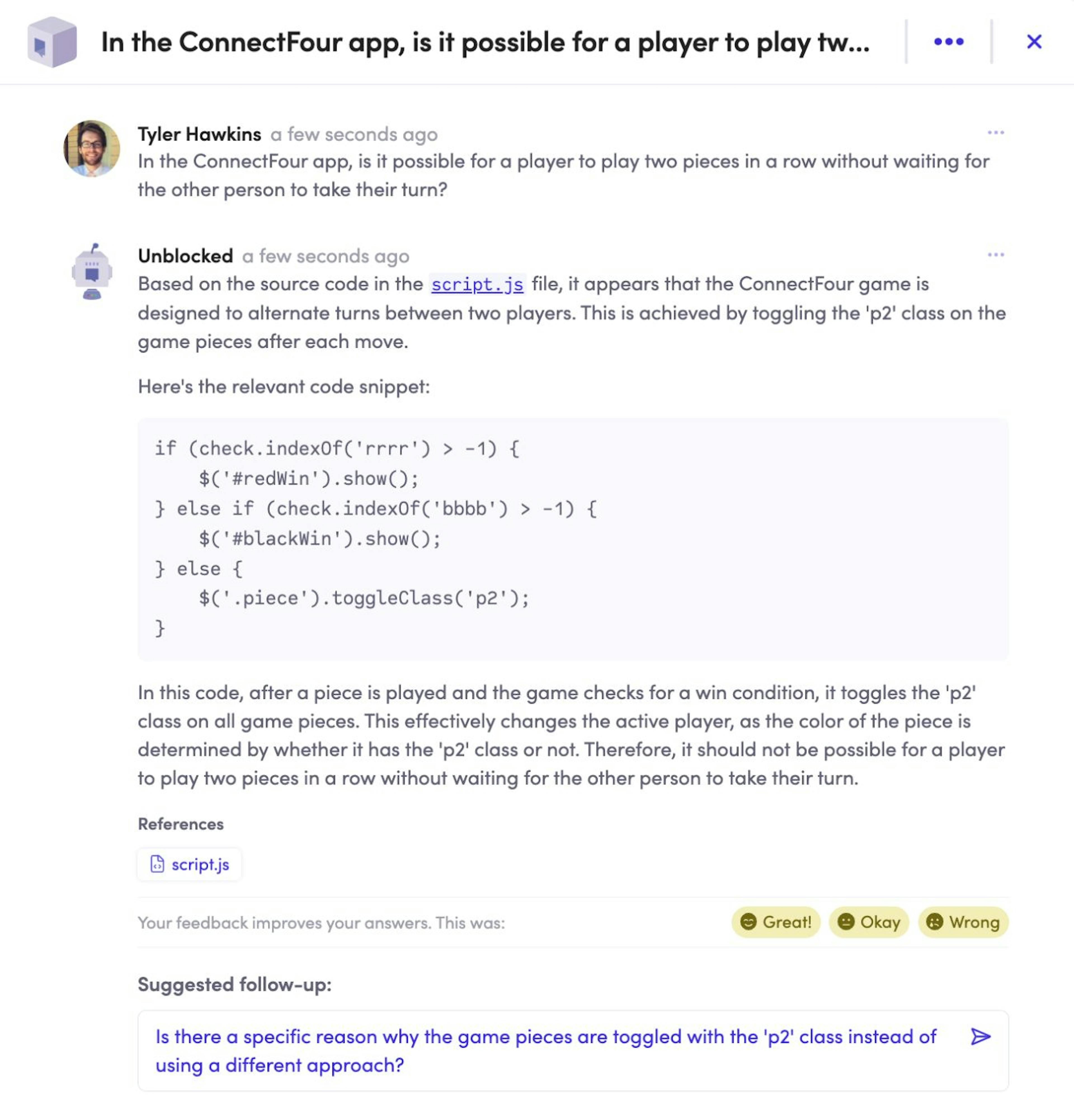 Question and answer for “In the ConnectFour app, is it possible for a player to play two pieces in a row without waiting for the other person to take their turn?”