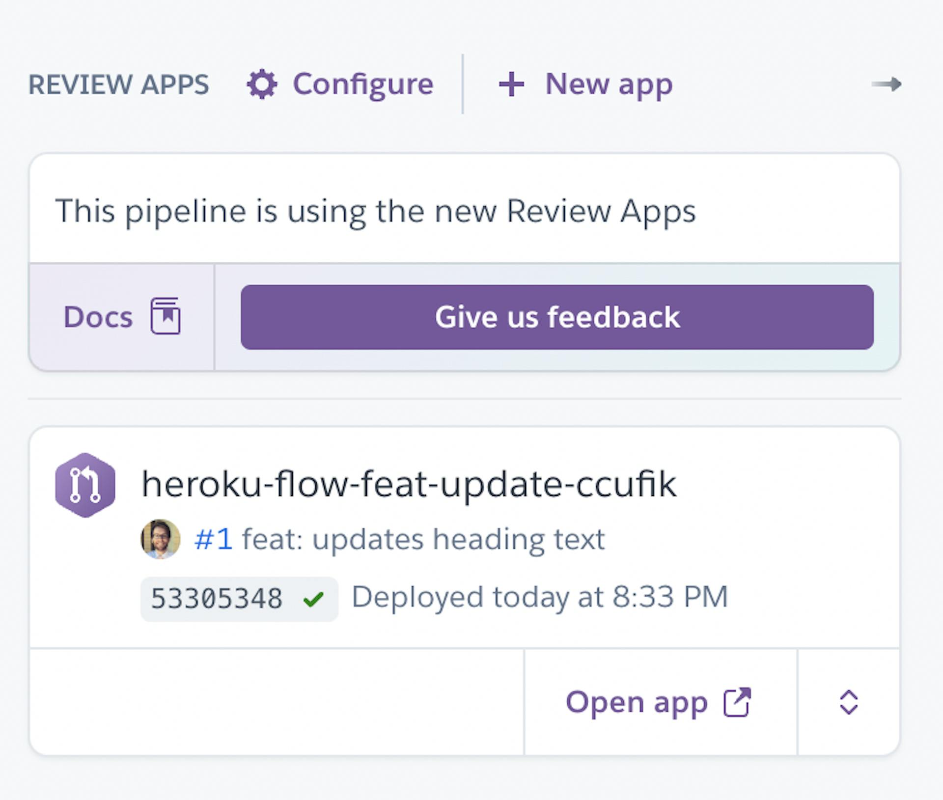 Review app found in the Heroku pipeline