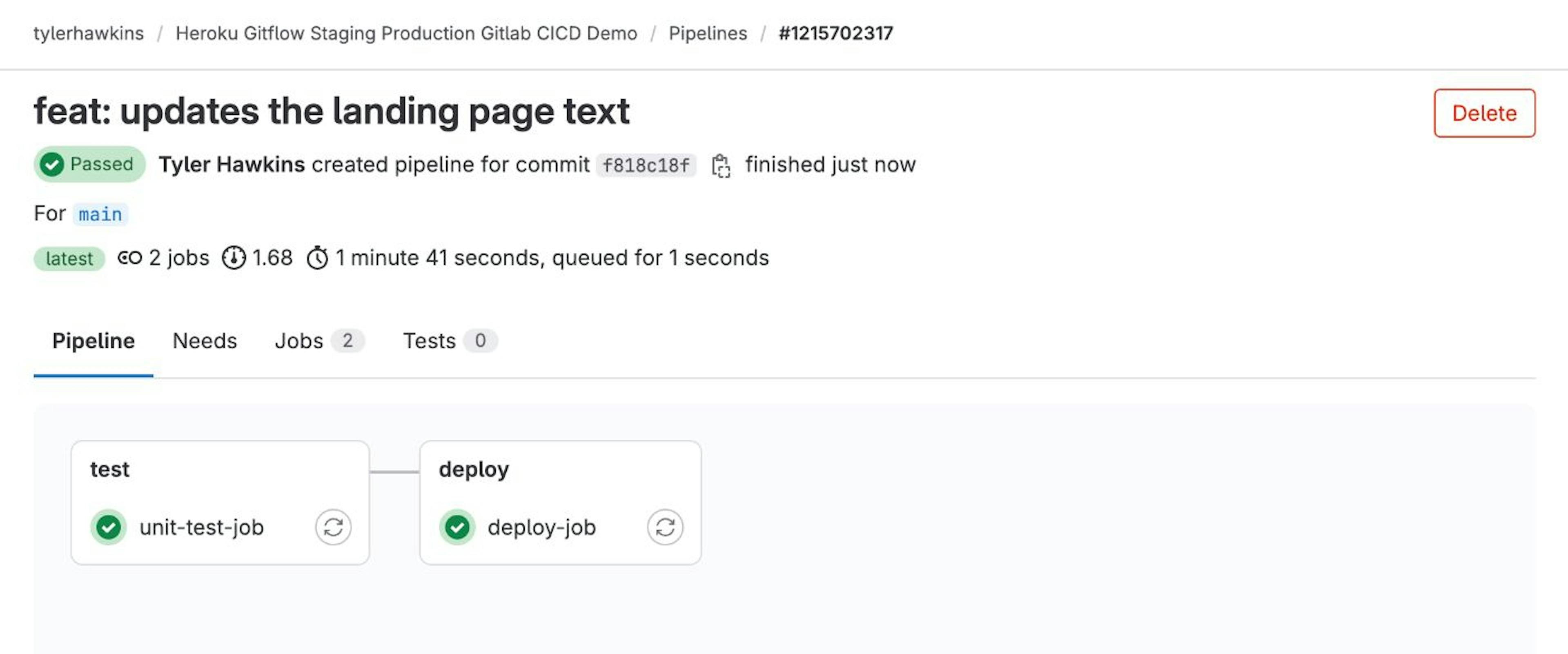 GitLab CI pipeline build for the main branch