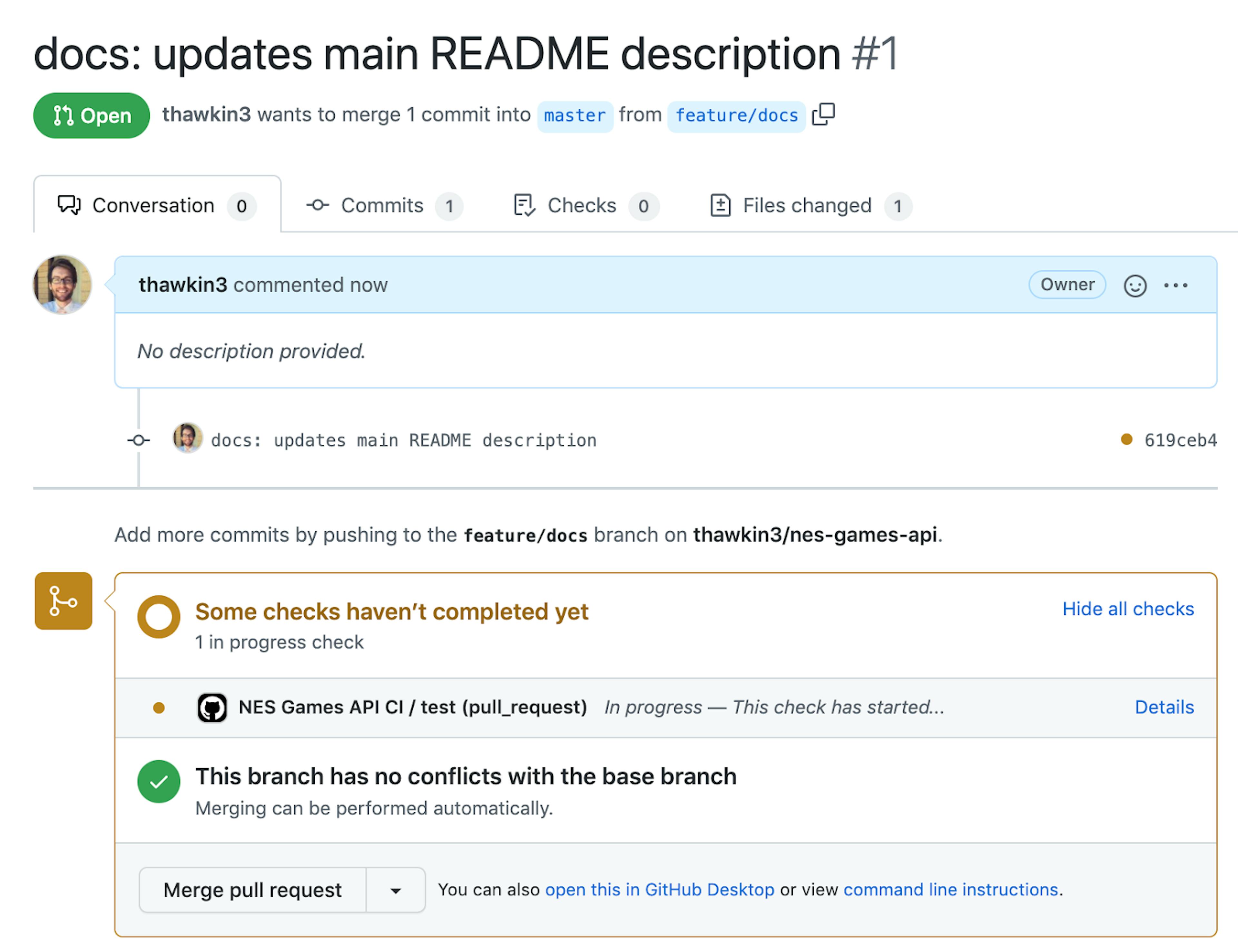CI pipeline is running for our pull request in GitHub