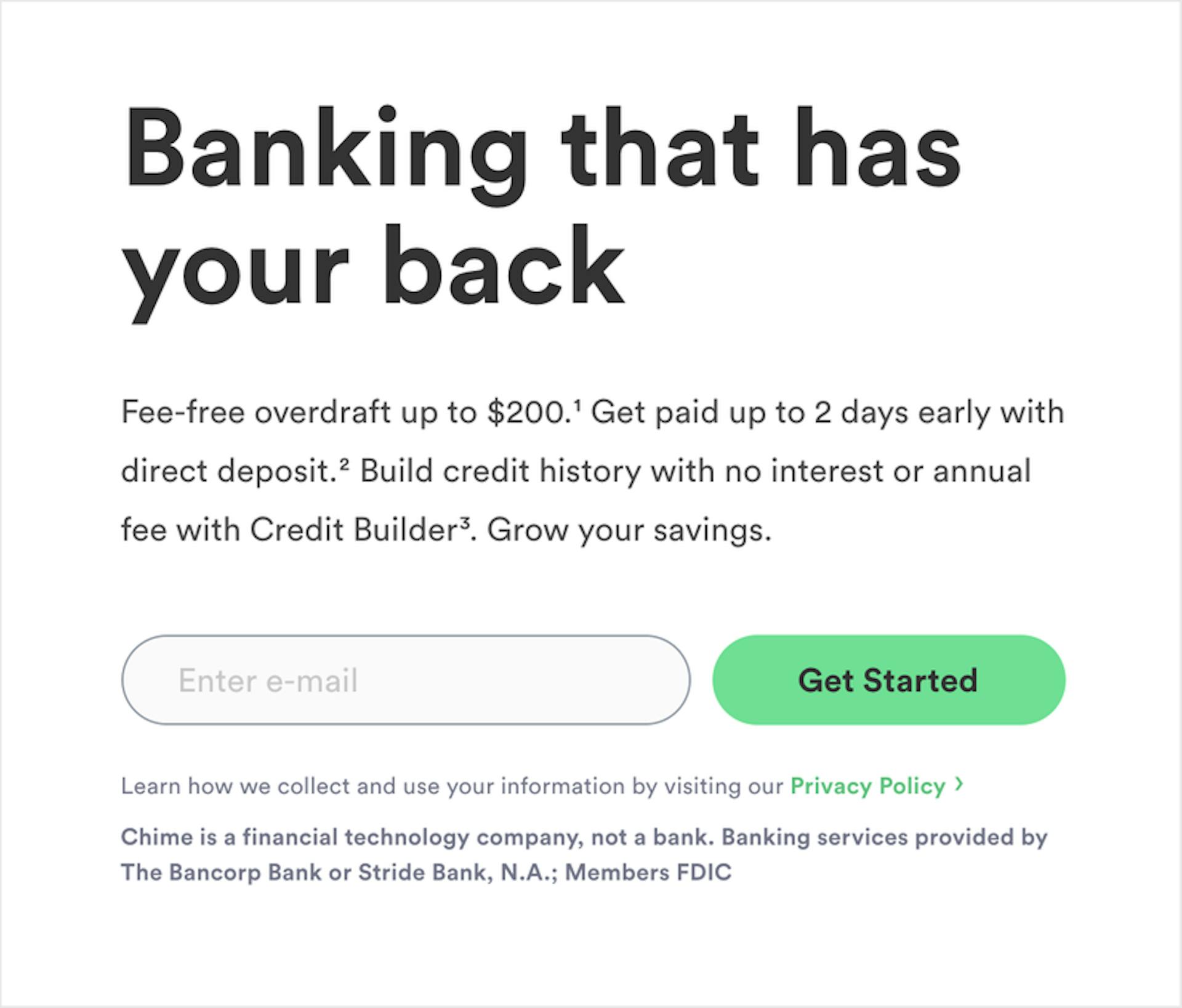 The word “banking” is much more prominent on Chime’s home page than the words “not a bank.”
