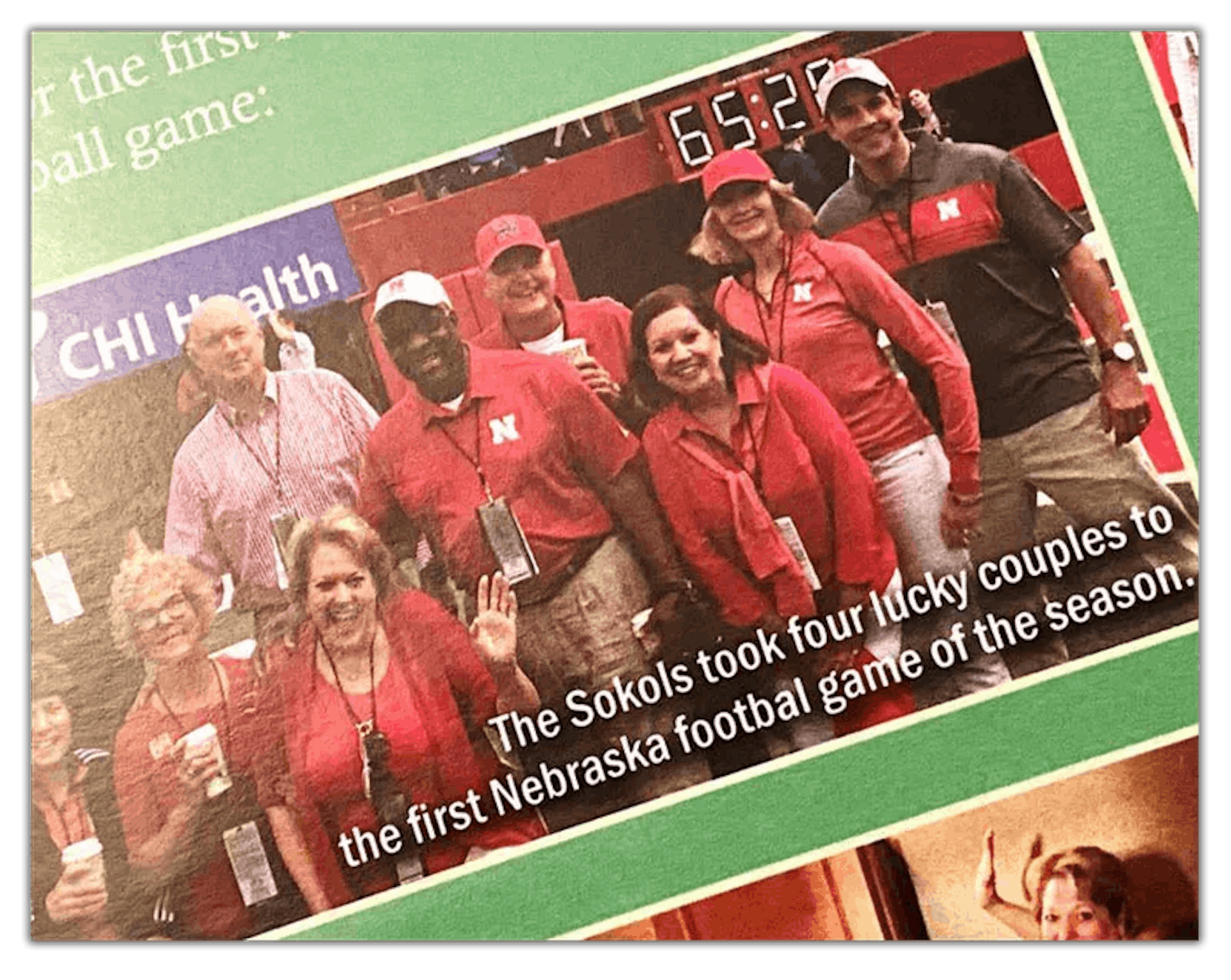 Sokol, back left, has arranged for Thomas and others to attend several sporting events at the University of Nebraska-Lincoln. The invitations come with all-access passes and seats in a luxury suite. The justice’s wife, Ginni, has memorialized some of these trips in cards to friends. Credit: Obtained by ProPublica
