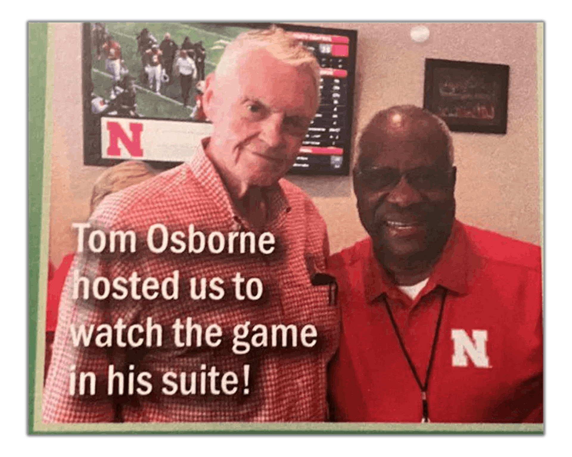 On Labor Day weekend, 2019, the group sat in former football coach and ex-congressman Tom Osborne’s suite. Osborne told ProPublica he and the justice became friends years ago, when he was in office. Credit: Obtained by ProPublica