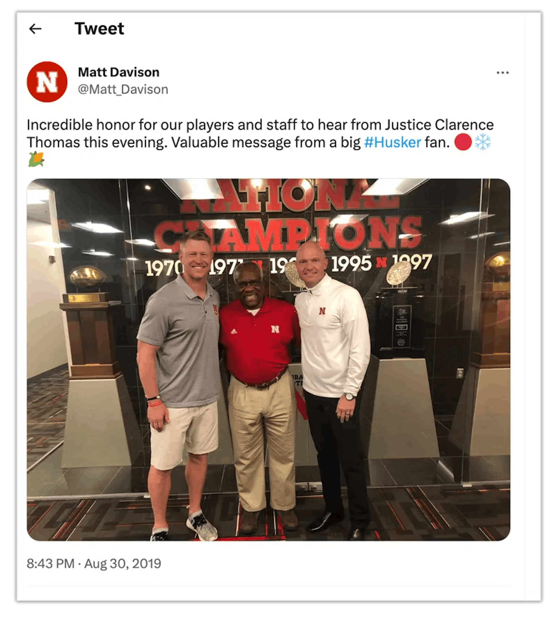 The day before the football game, Thomas met with the team. Sokol arranged these visits in emails with the athletic department. Credit: Twitter