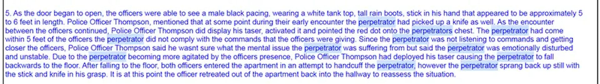 An excerpt from a document from the New York Police Department’s internal investigation into an officer’s shooting of Kawaski Trawick. Credit: Obtained through a Freedom of Information Law request; highlighted by ProPublica