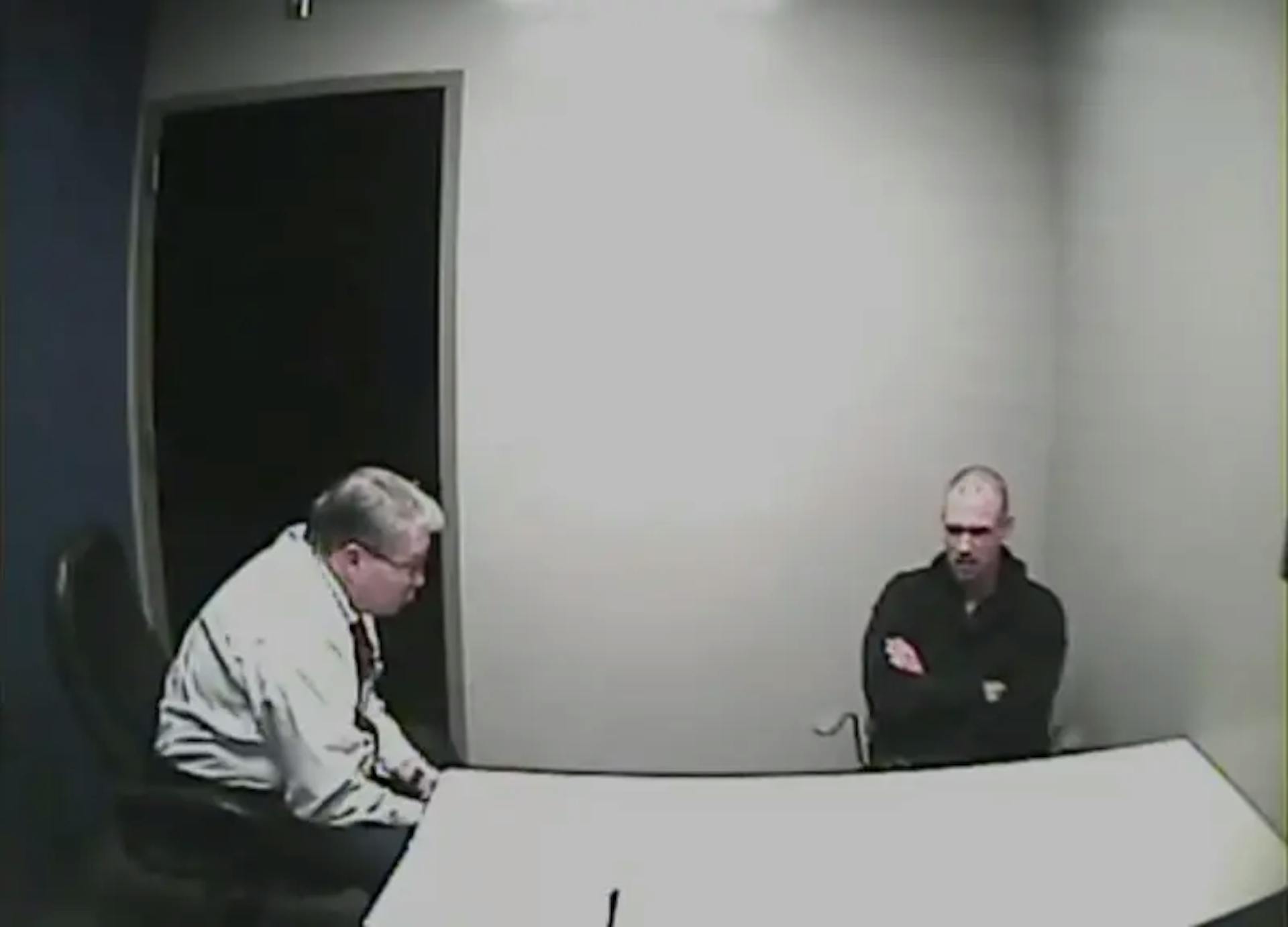 In an interview room at St. Louis police headquarters, Detective Roger Murphey questions Brian Vincent, a suspect in the 2018 killing of Larry Keck. Credit: Obtained by ProPublica